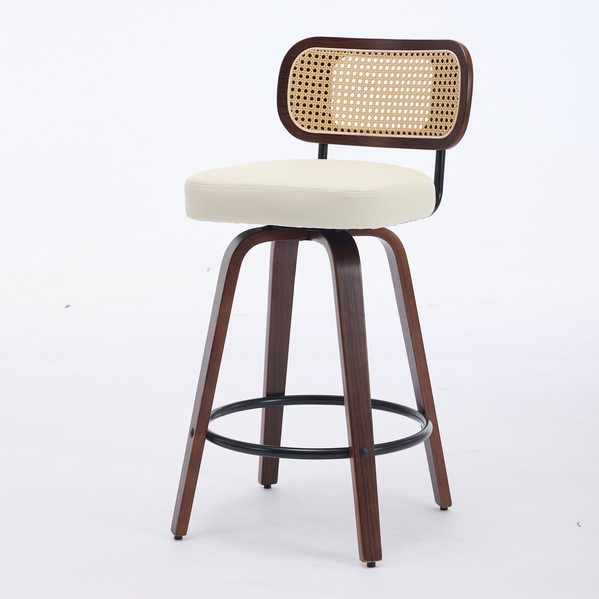 Set of 2 Counter Height Bar Stools, 26 Inch Swivel Rattan Cane Back with Upholstered Seat, Walnut and Beige