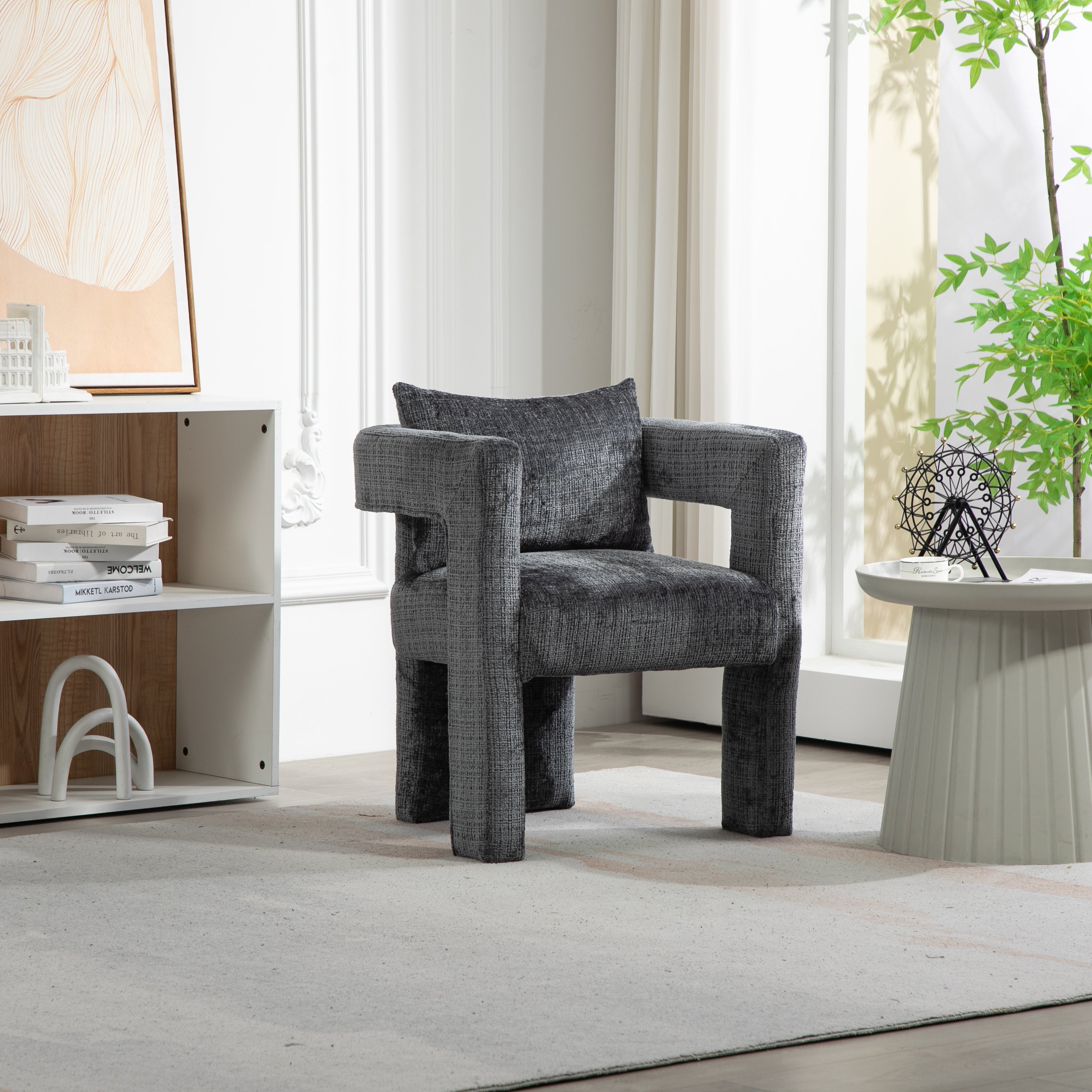 GOMYWAY Modern Chenille Lounge Chair with Hollow Armrest Design and Comfortable Cushions (Dark Gray)