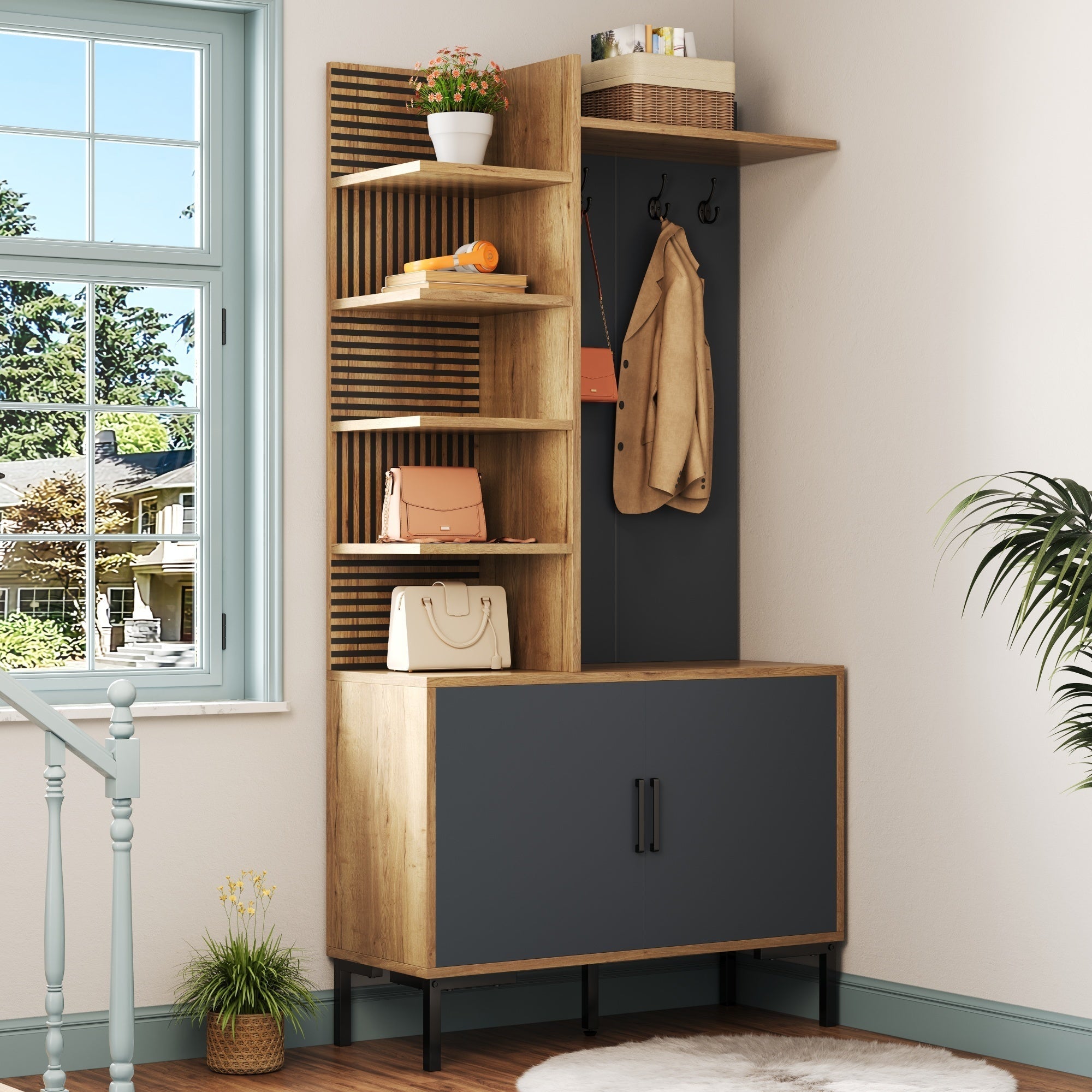 Wardrobe Set with Shoe Compartment, Shelves, Adjustable Dividers, Hooks - Wood and Black