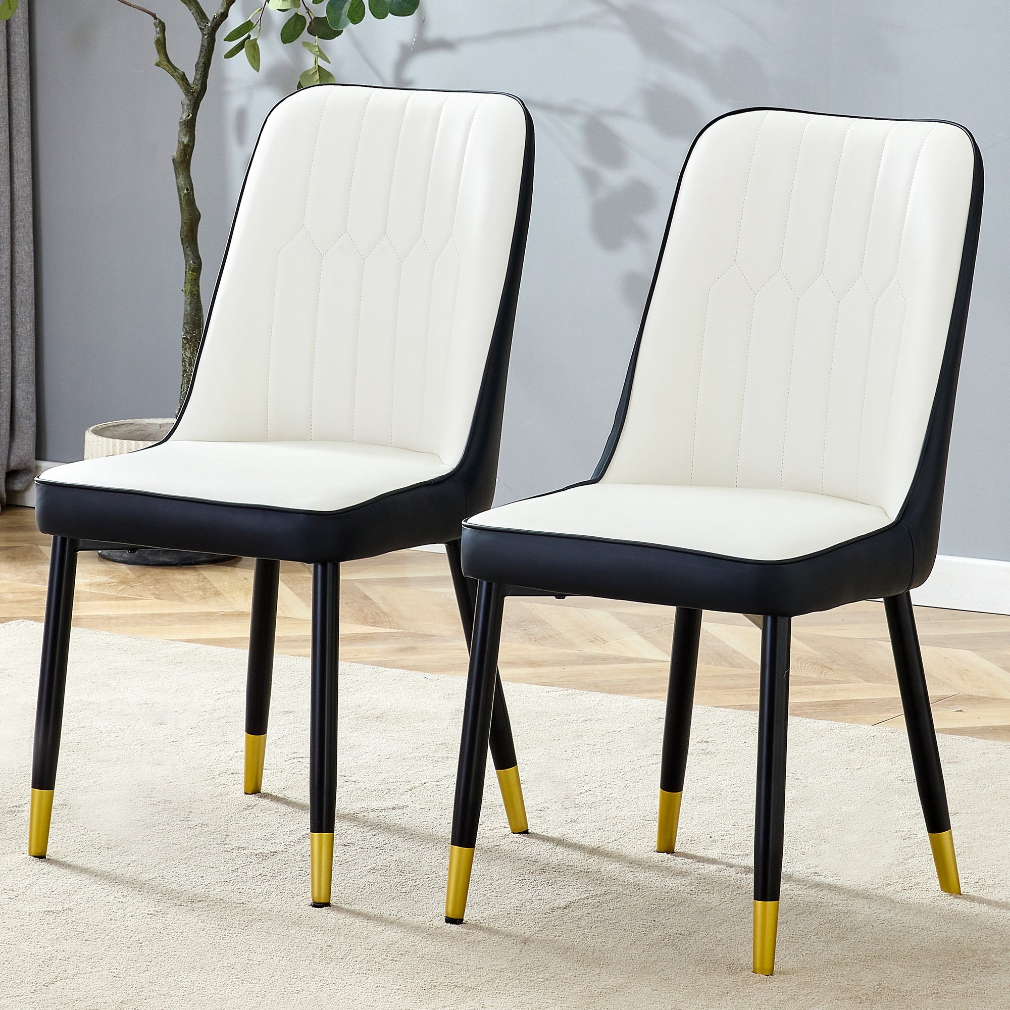 Set of 2 Dining Chairs Modern PU Leather Black Metal Legs - Black/White