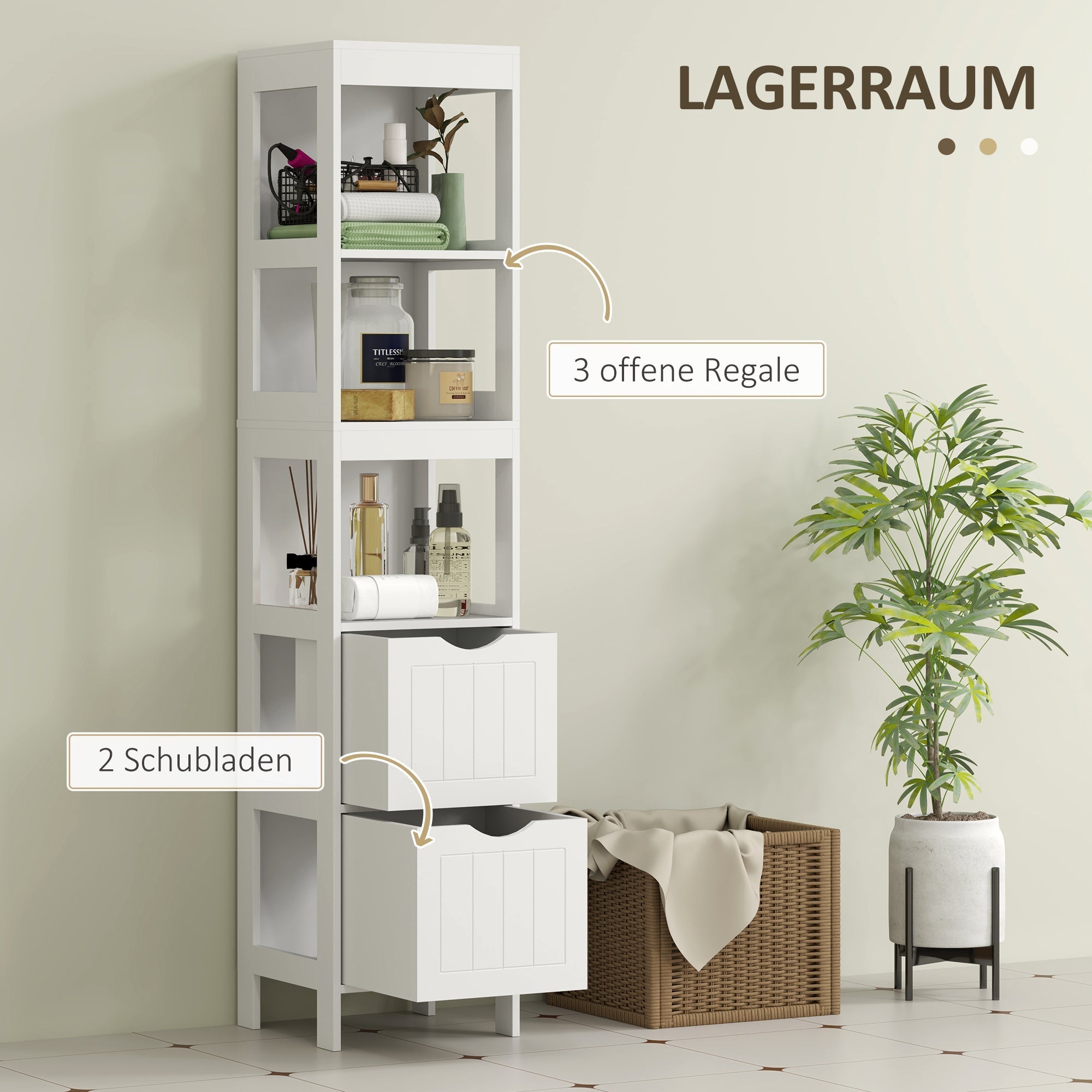 Schlanker Badezimmerschrank, Hochschrank mit 2 Schubladen, 3 offenen Fächern, Weiß