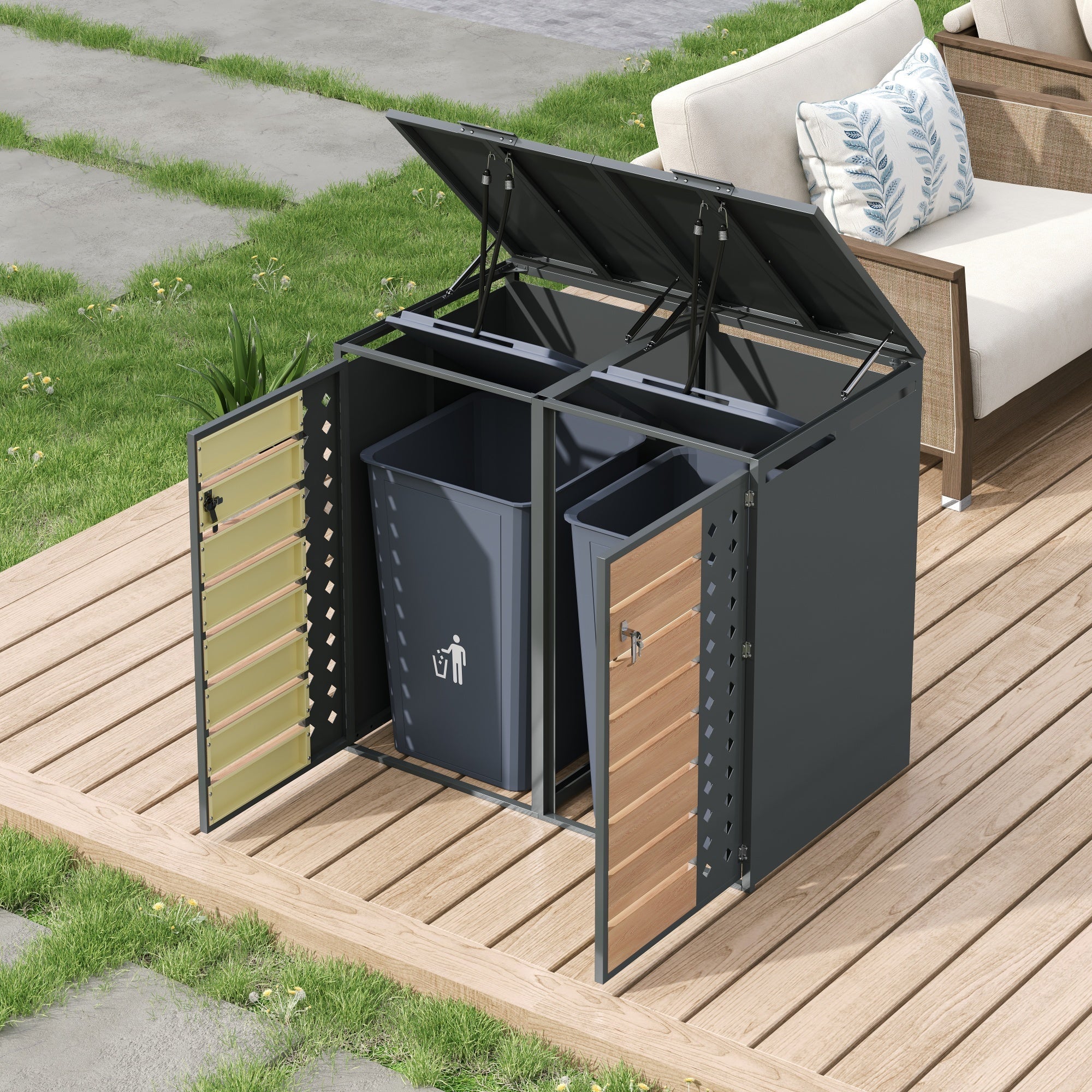 Bin Storage Box with Hinged Lid, Lockable Two Doors and Diamond-Hollow Door Panel