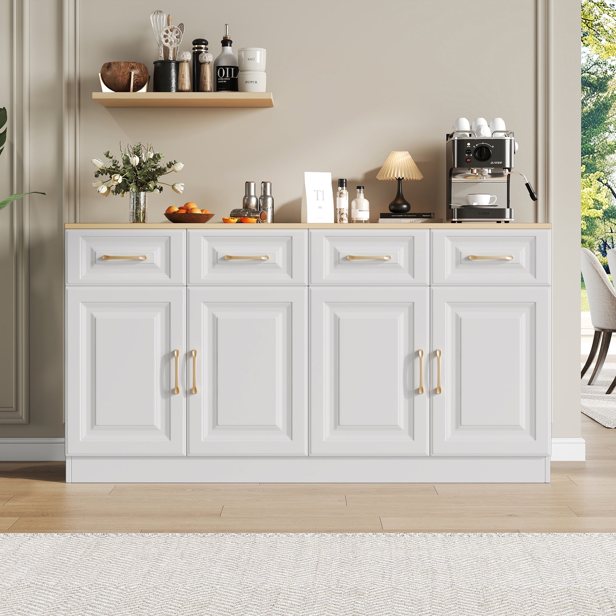 Sideboard Buffet Storage Cabinet 140cm 4 Drawers 4 Barn Doors White Wood