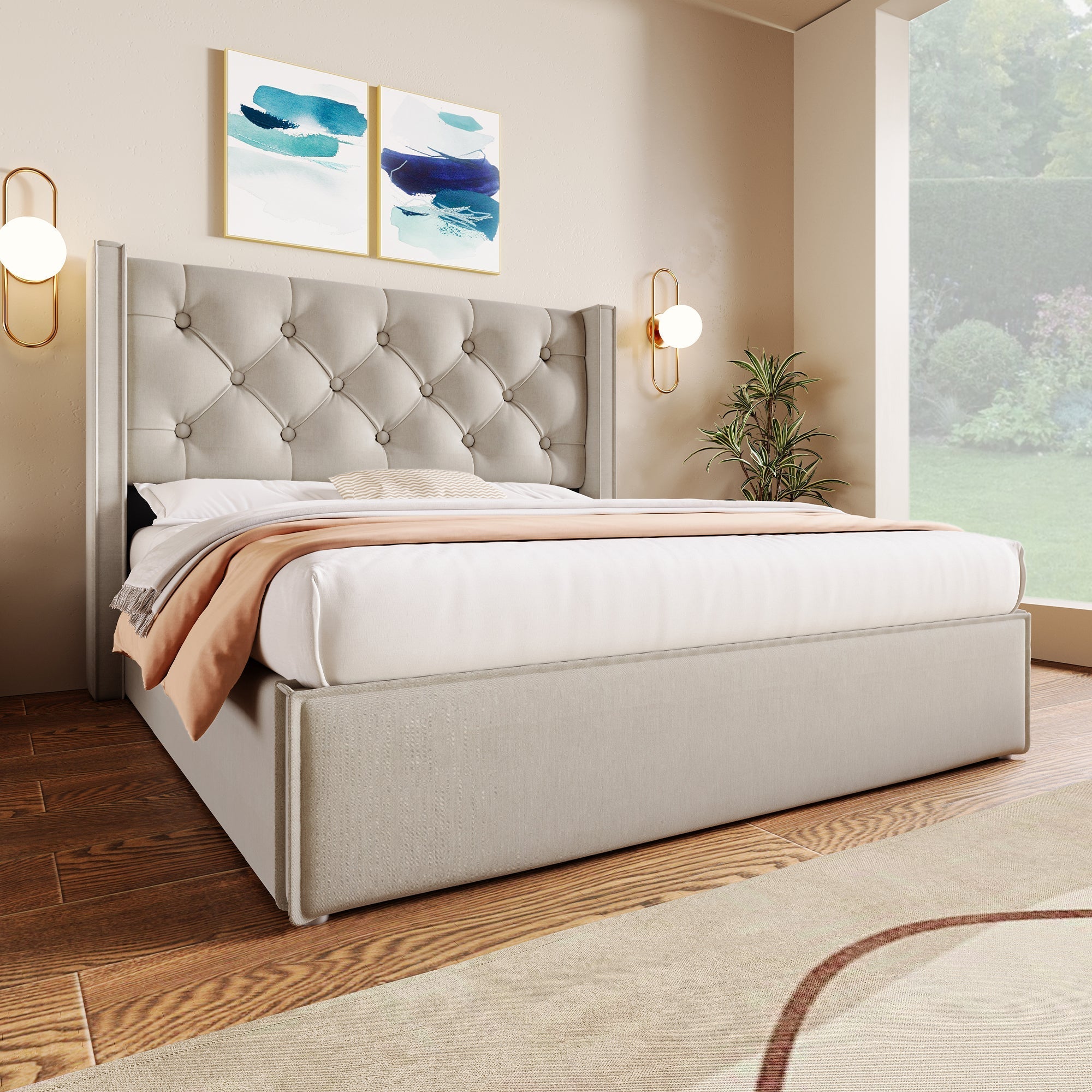Upholstered Bed, Hydraulic Double with Storage, Light Grey Cotton
