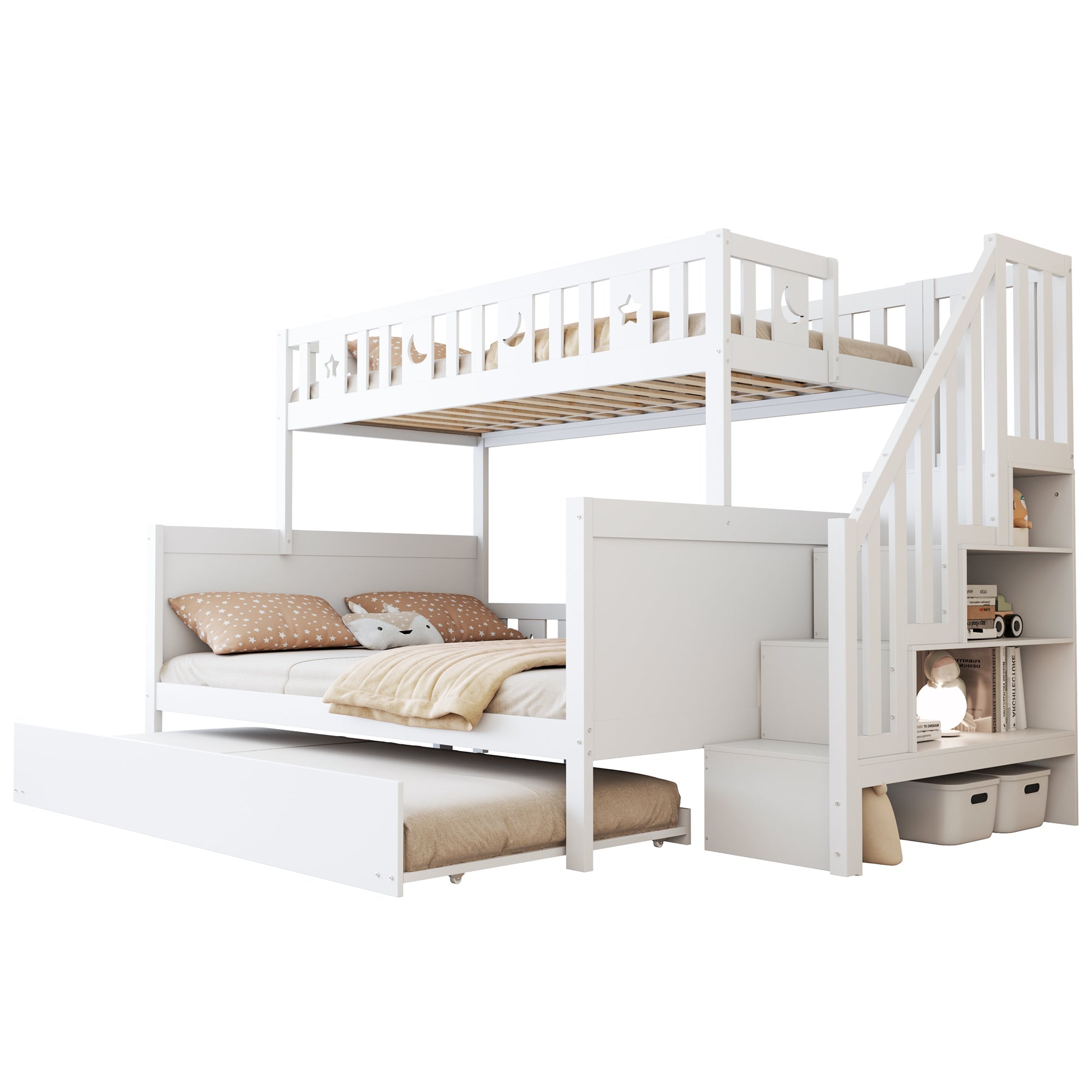 Children's Bunk Bed with Storage and Pull-out Bed, White