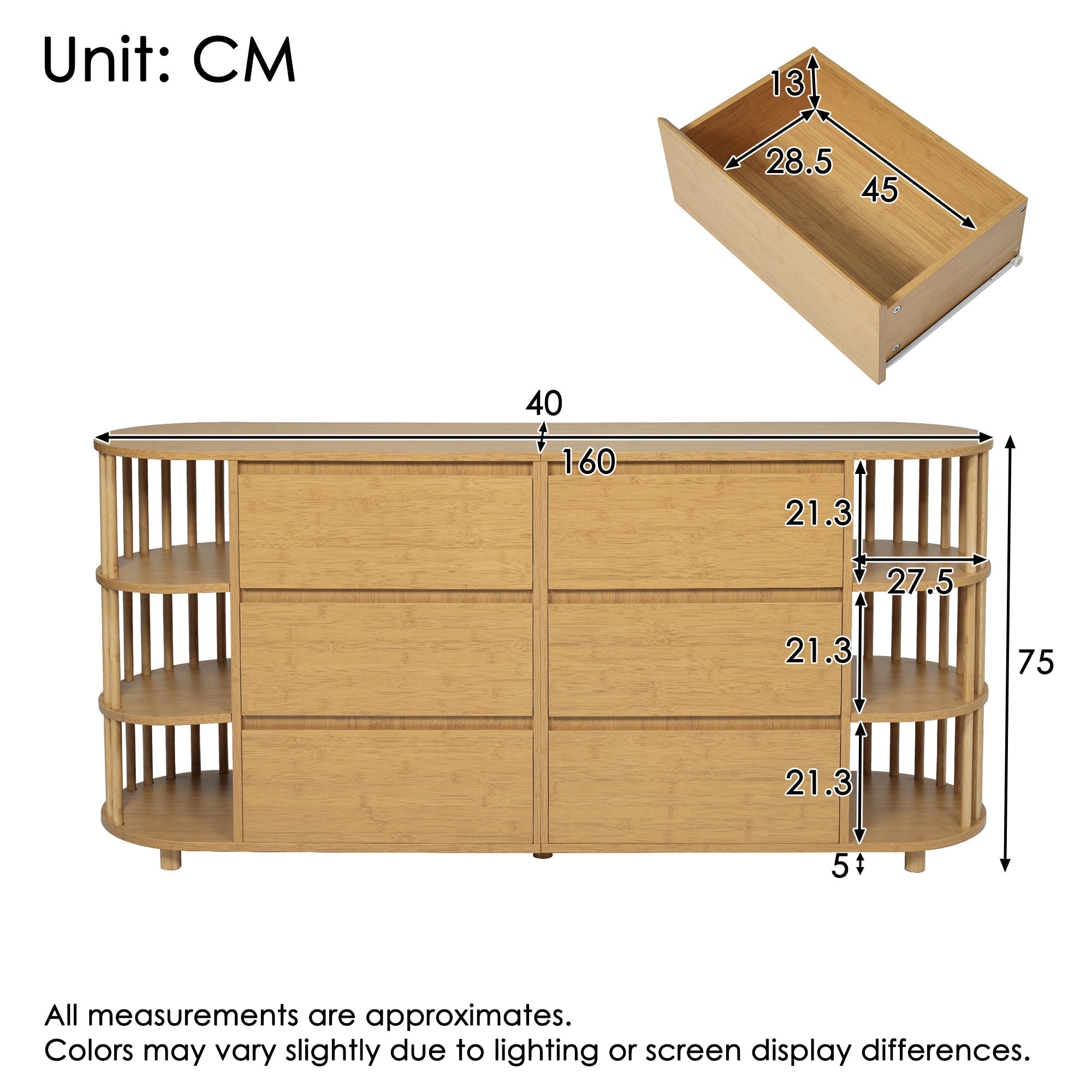 Sideboard 160cm Roman Design Bamboo Shelves 6 Drawers Oak