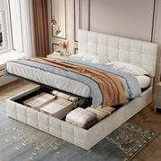 4ft6 Double Upholstered Storage Bed Frame, Velvet Ottoman with Hydraulic Storage & Adjustable Button Tufted Headboard, Metal-Wood Support, Beige