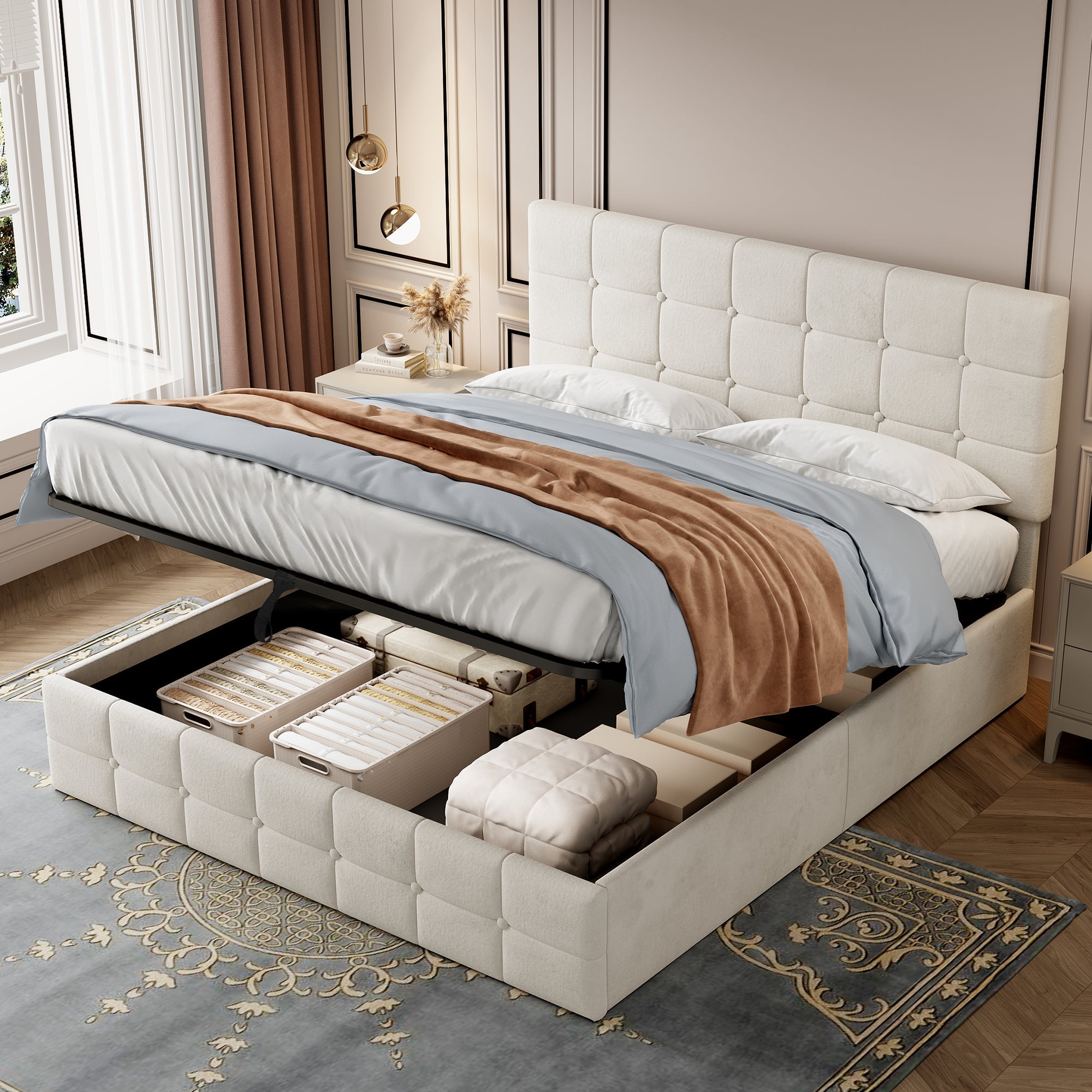 4ft6 Double Upholstered Storage Bed Frame, Velvet Ottoman with Hydraulic Storage & Adjustable Button Tufted Headboard, Metal-Wood Support, Beige