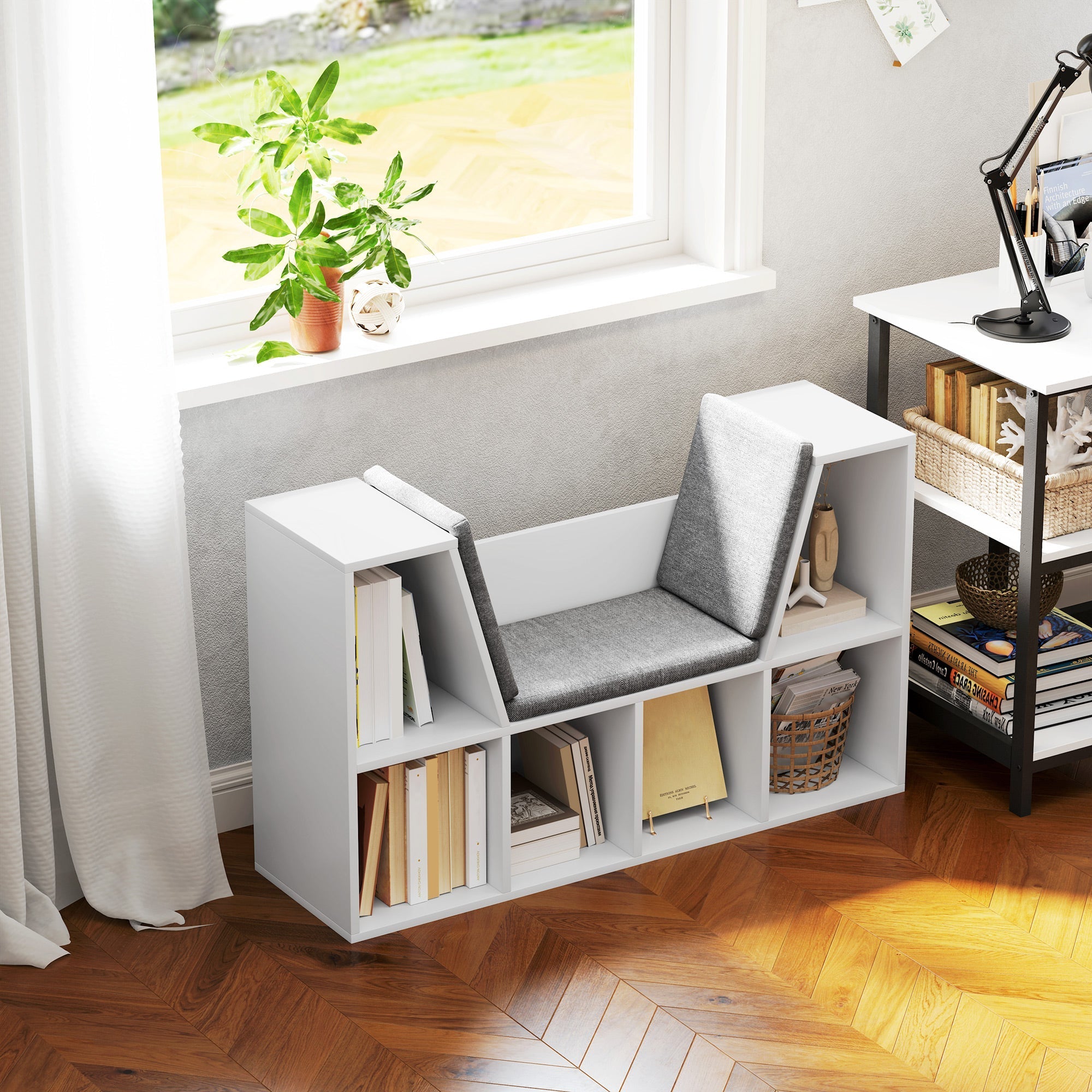 Bookshelf Storage with Seat Cushion 6 Compartment, Linen Look White