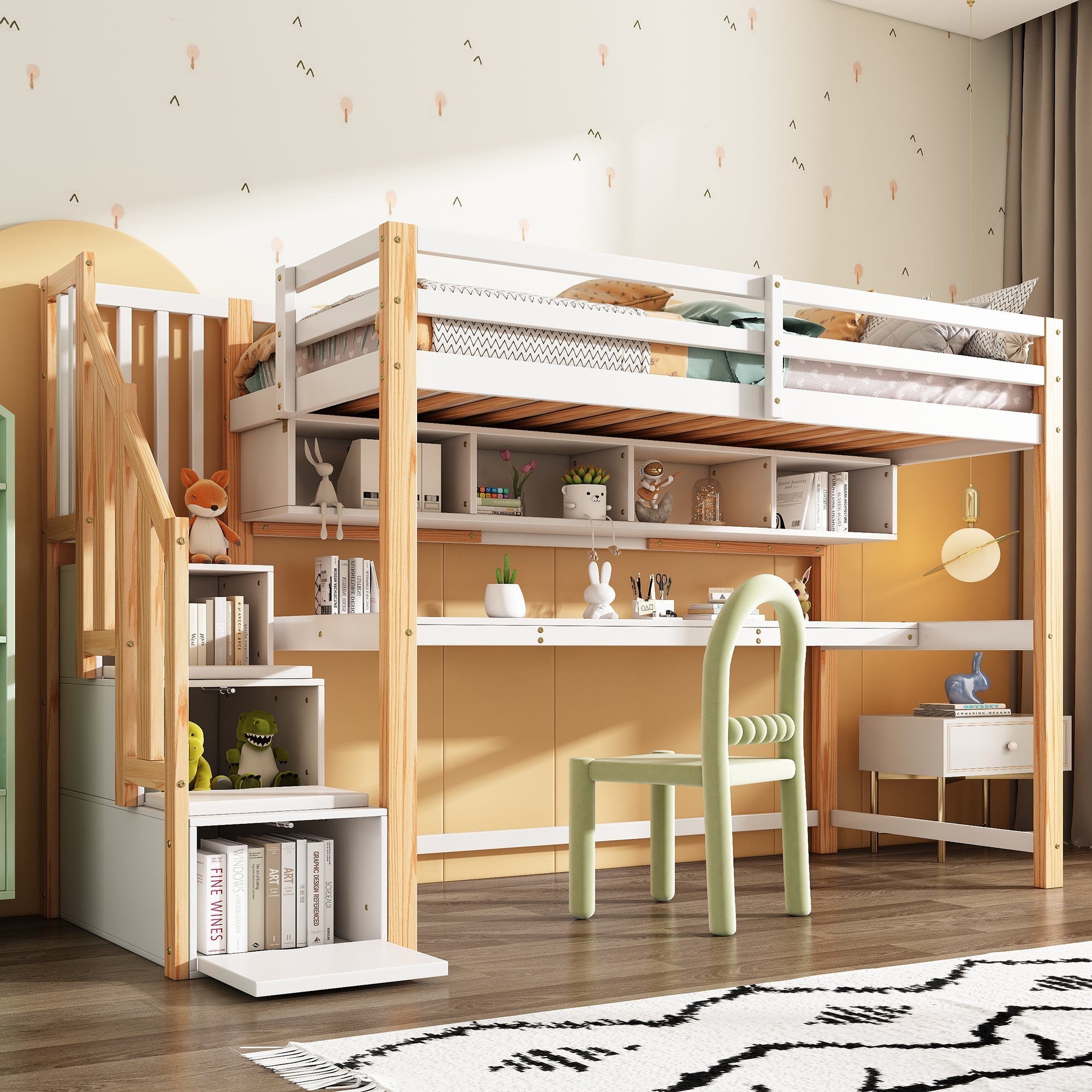 Children's Loft Bed, Large Desk & Shelves, Environmentally Friendly, Natural & White