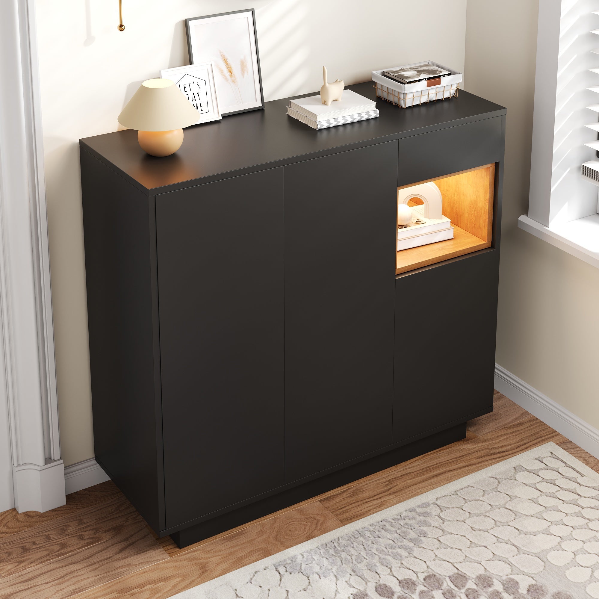 Shoe Cabinet, Adjustable Shelves, Black and Wood