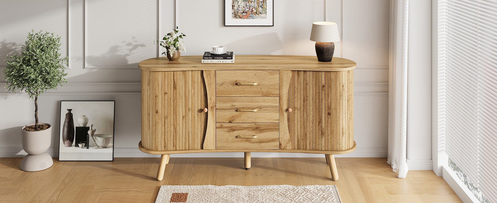 Scandinavian Pea-Shaped Sideboard with 2 Sliding Doors and 3 Drawers, Wood Look MDF