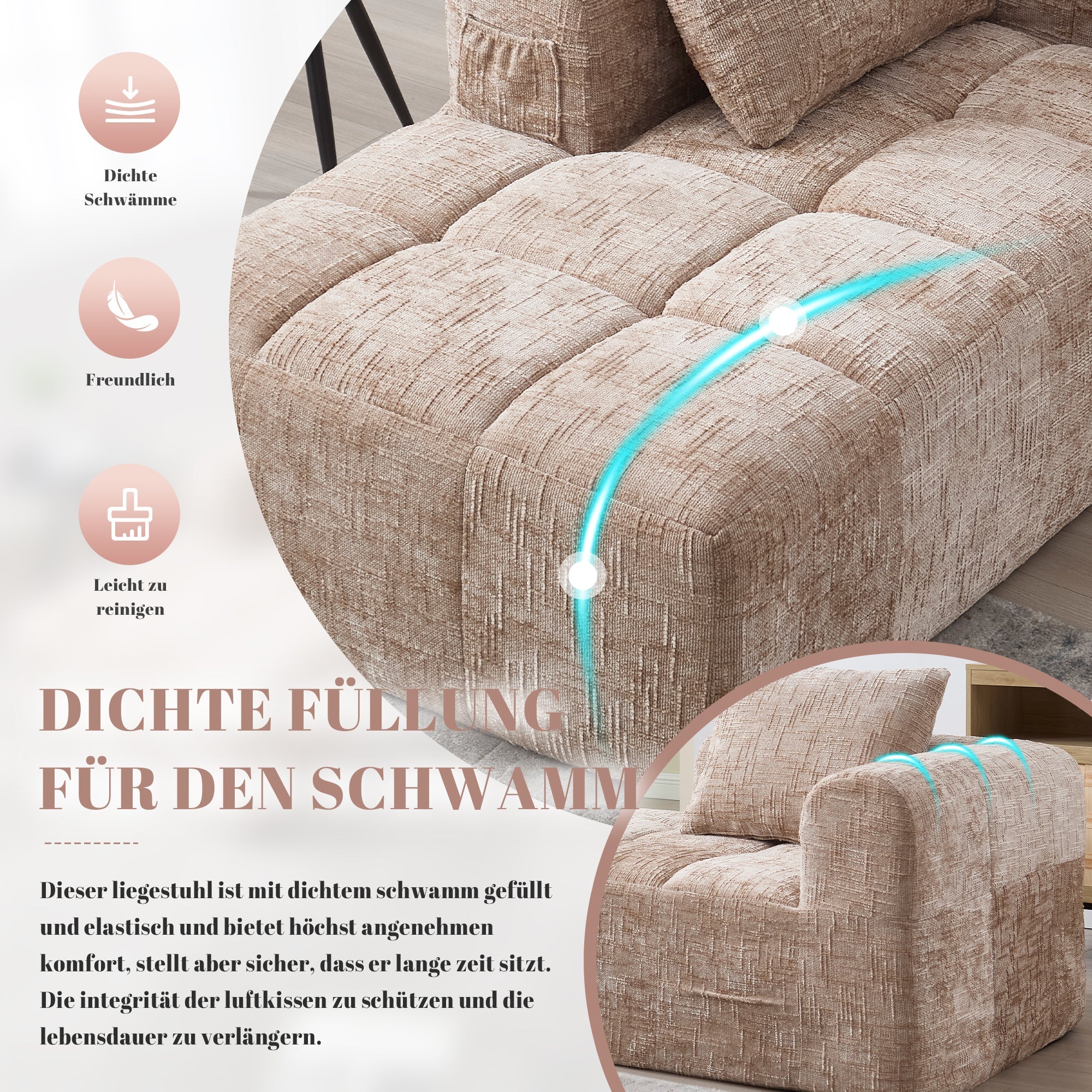 Chaise Longue Sofa, Soft Cushions Side Pockets, Khaki