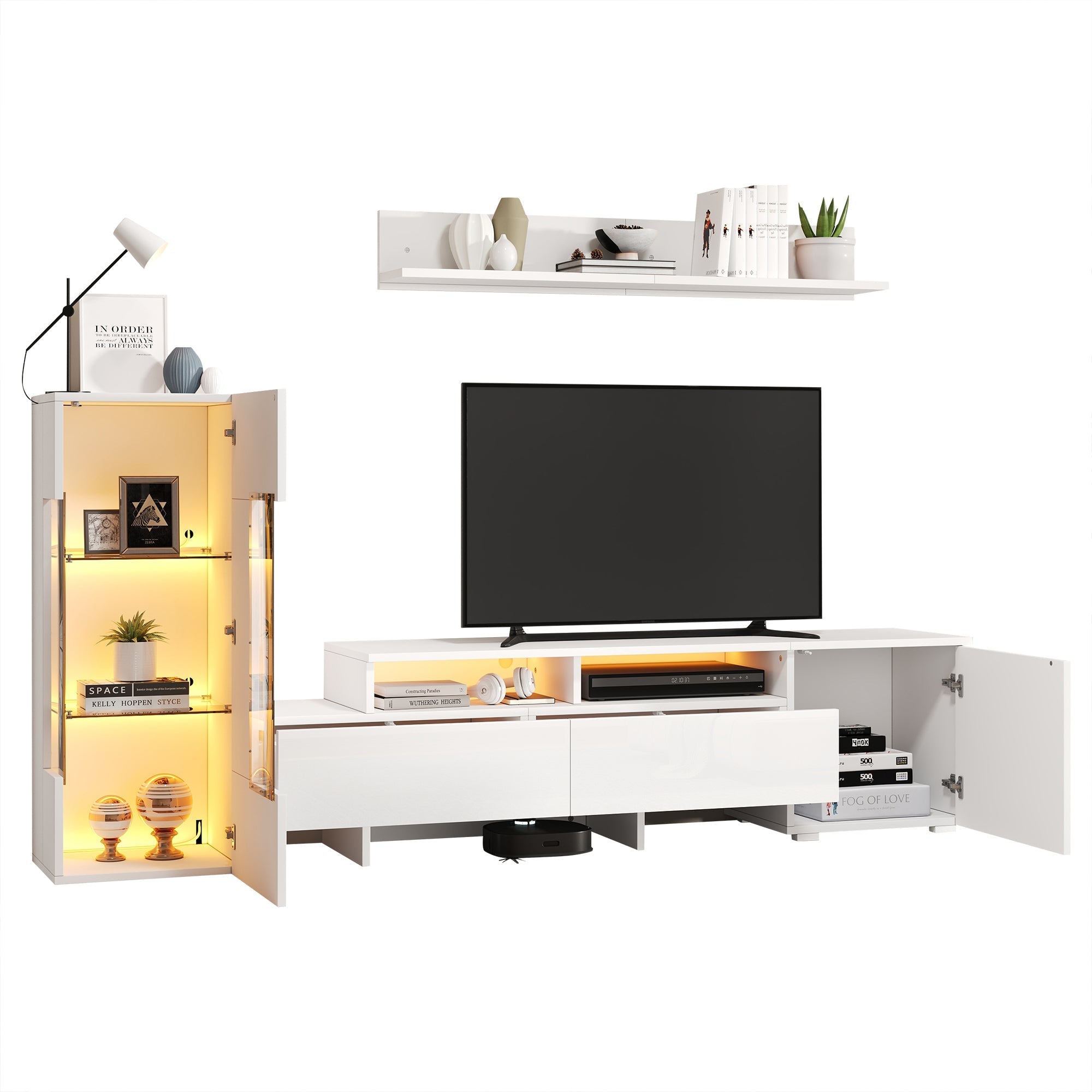 3-Piece TV Wall Unit Set High-Gloss LED Modern Wall-Mounted White
