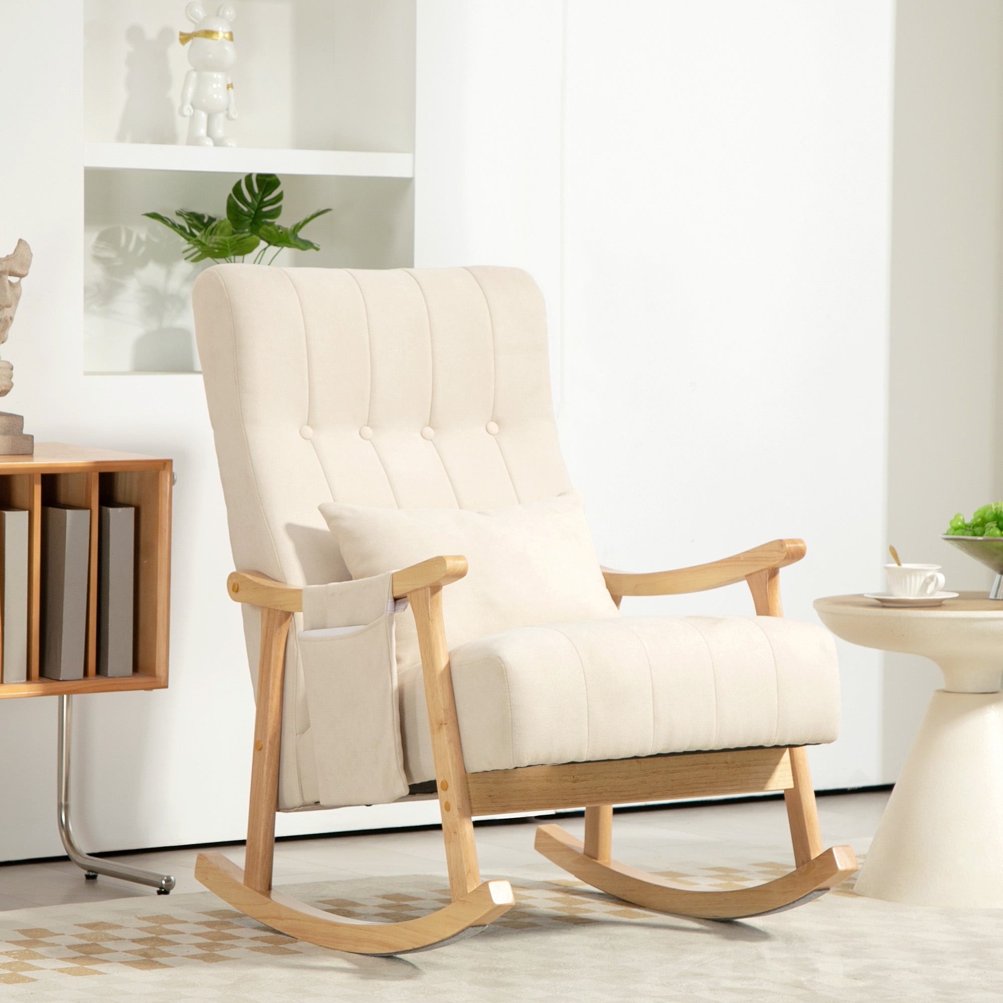 Rocking Chair Padded with Lumbar Cushion Side Pocket Wooden Frame Linen Look Beige