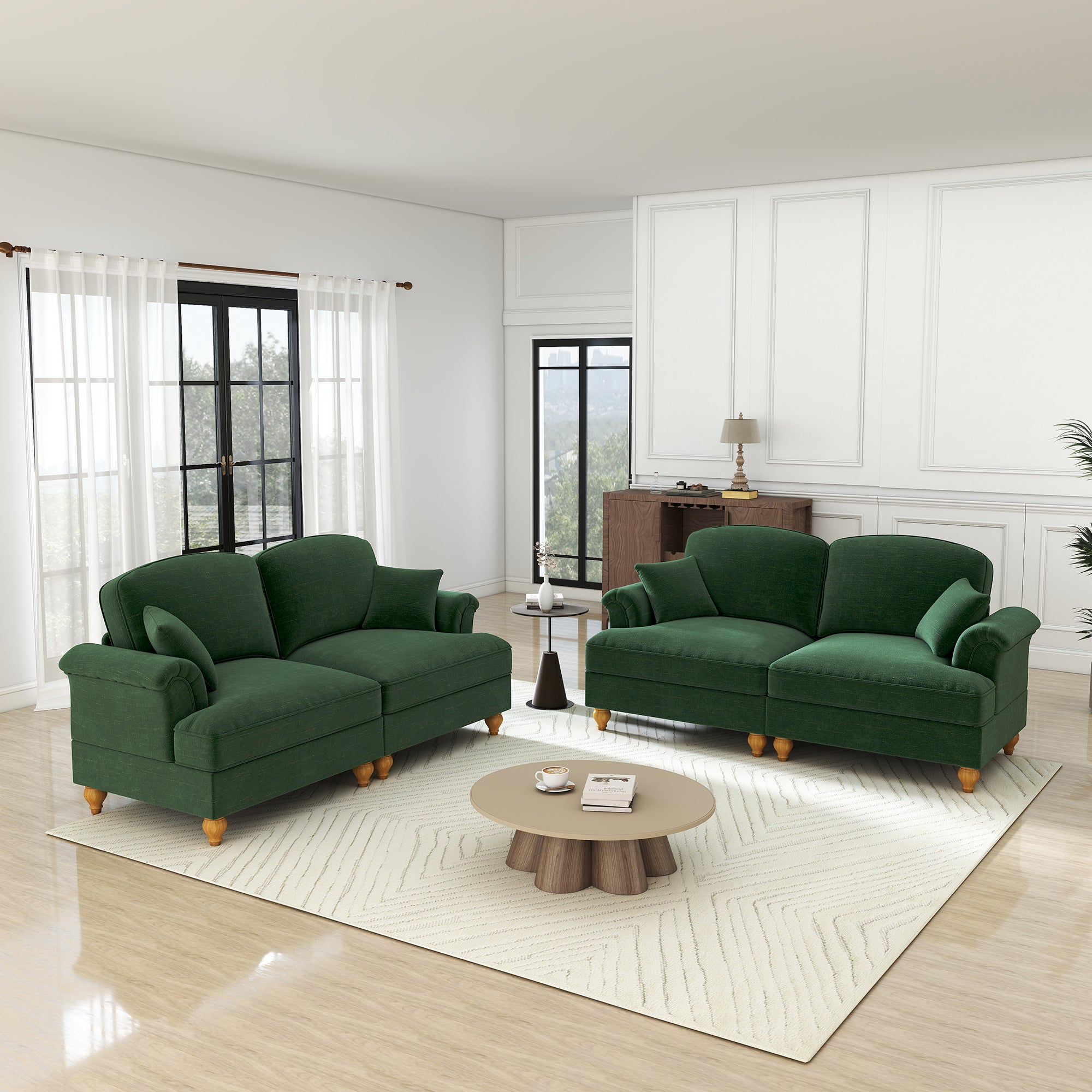 L-Shaped Sofa Mid-Century 2-Seater Movable Ottoman - Green Chenille