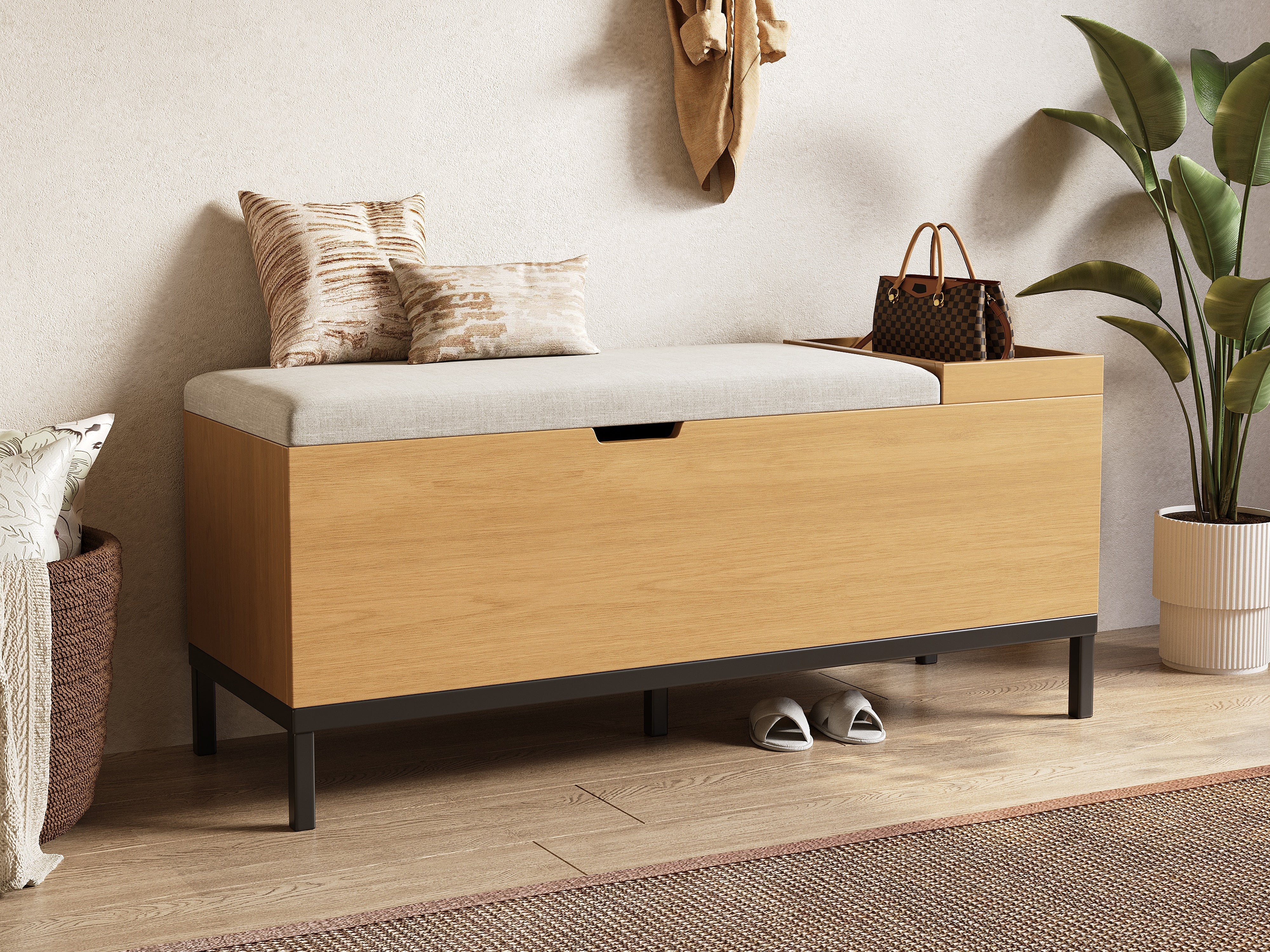 Shoe bench storage seating cabinet foldable footstool natural