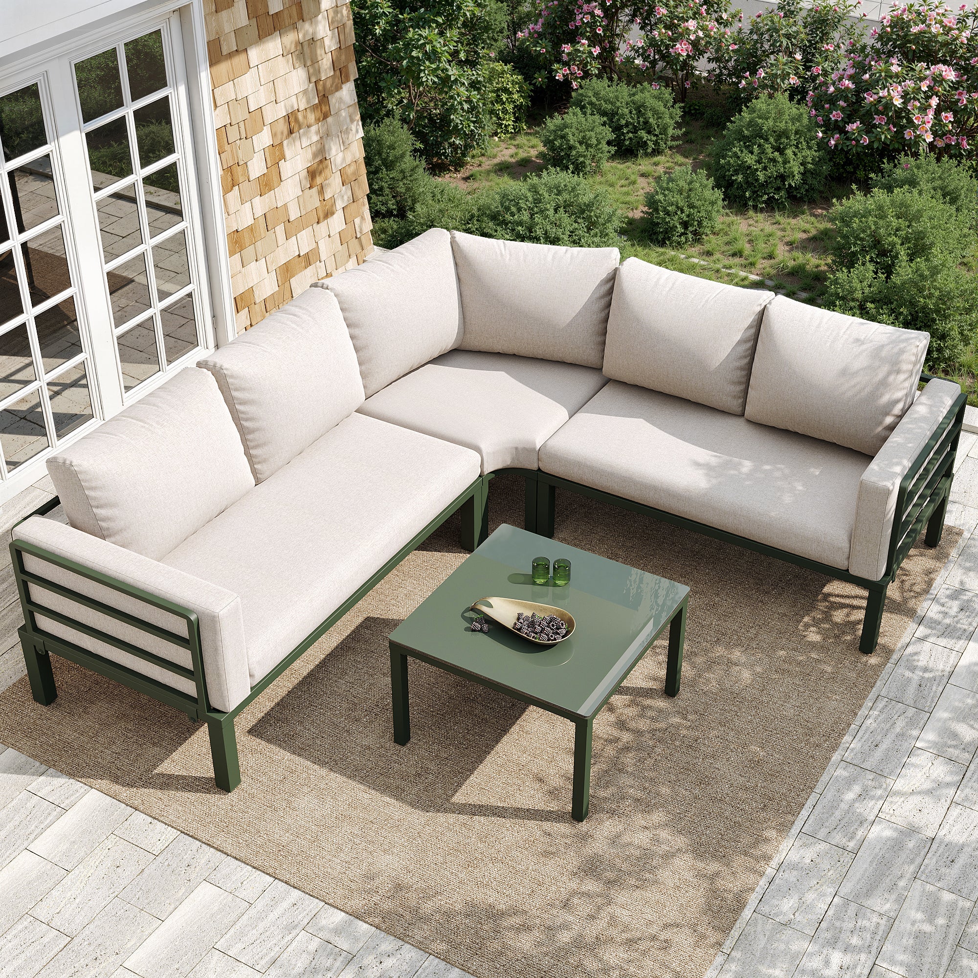 Garden Furniture Set 4-5 Seater with Tempered Glass Coffee Table Adjustable Legs - Green Iron/Beige Cushions