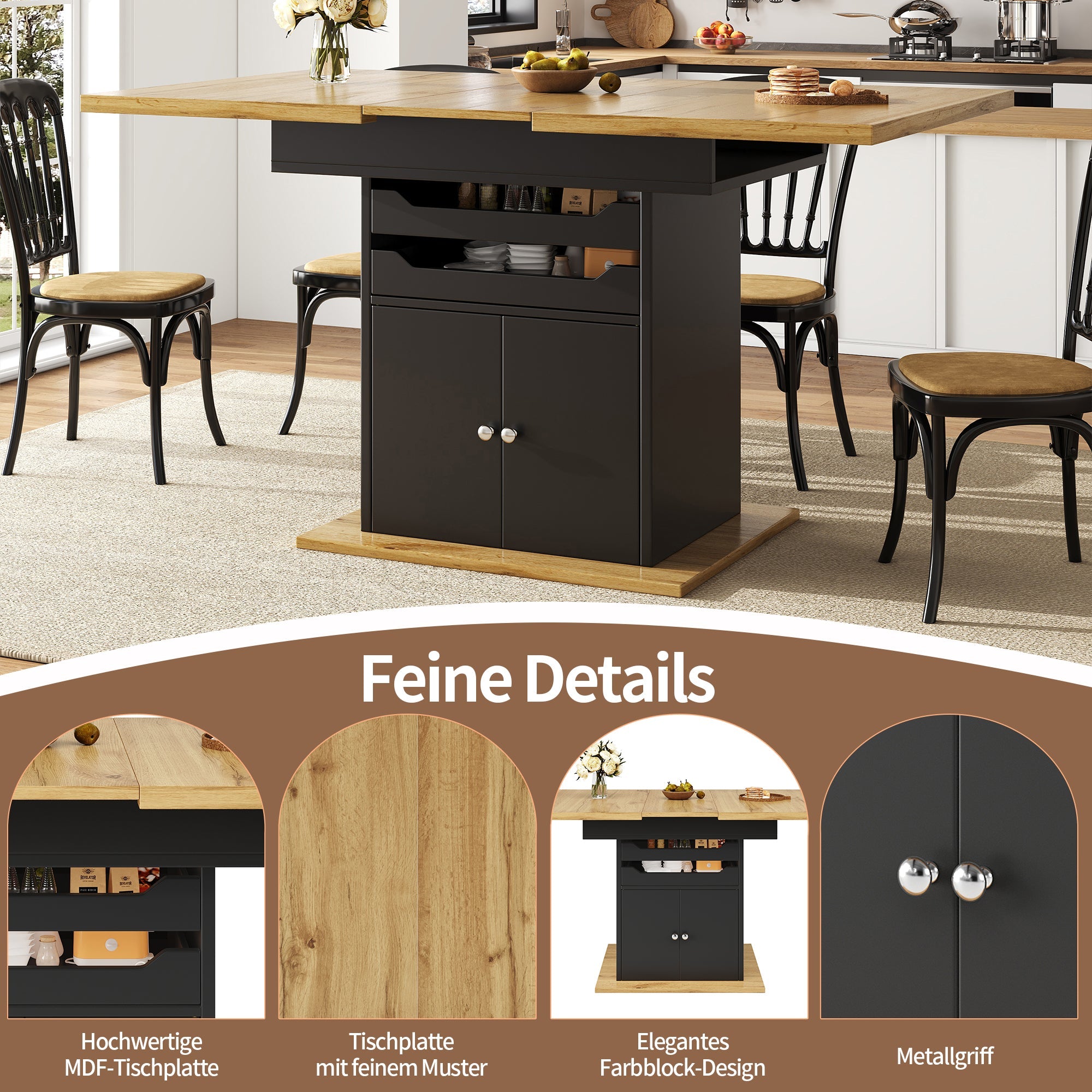 Telescopic Dining Table, Extendable Foldable 4-6 Person Storage, MDF Metal