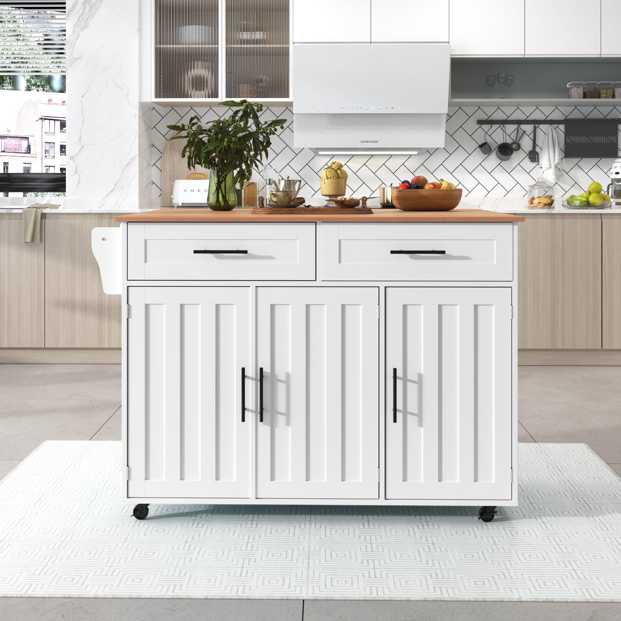Dining Cart Sideboard 129cm Folding Worktop Storage Cabinet Wheels Reversible Feet - Wood Grain & White