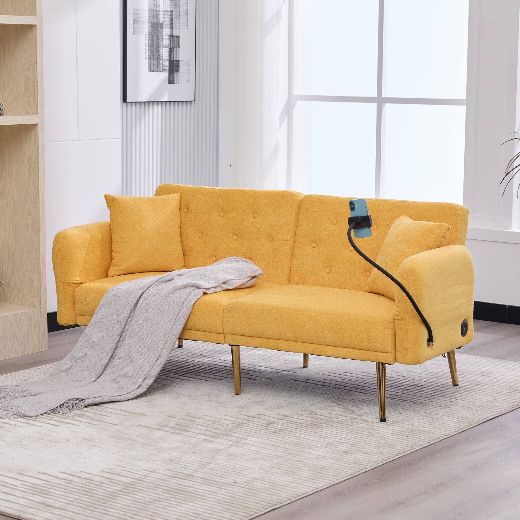 Sofa Bed, Multifunctional Folding with Adjustable Backrest, USB Ports, Side Pocket, Metal Legs