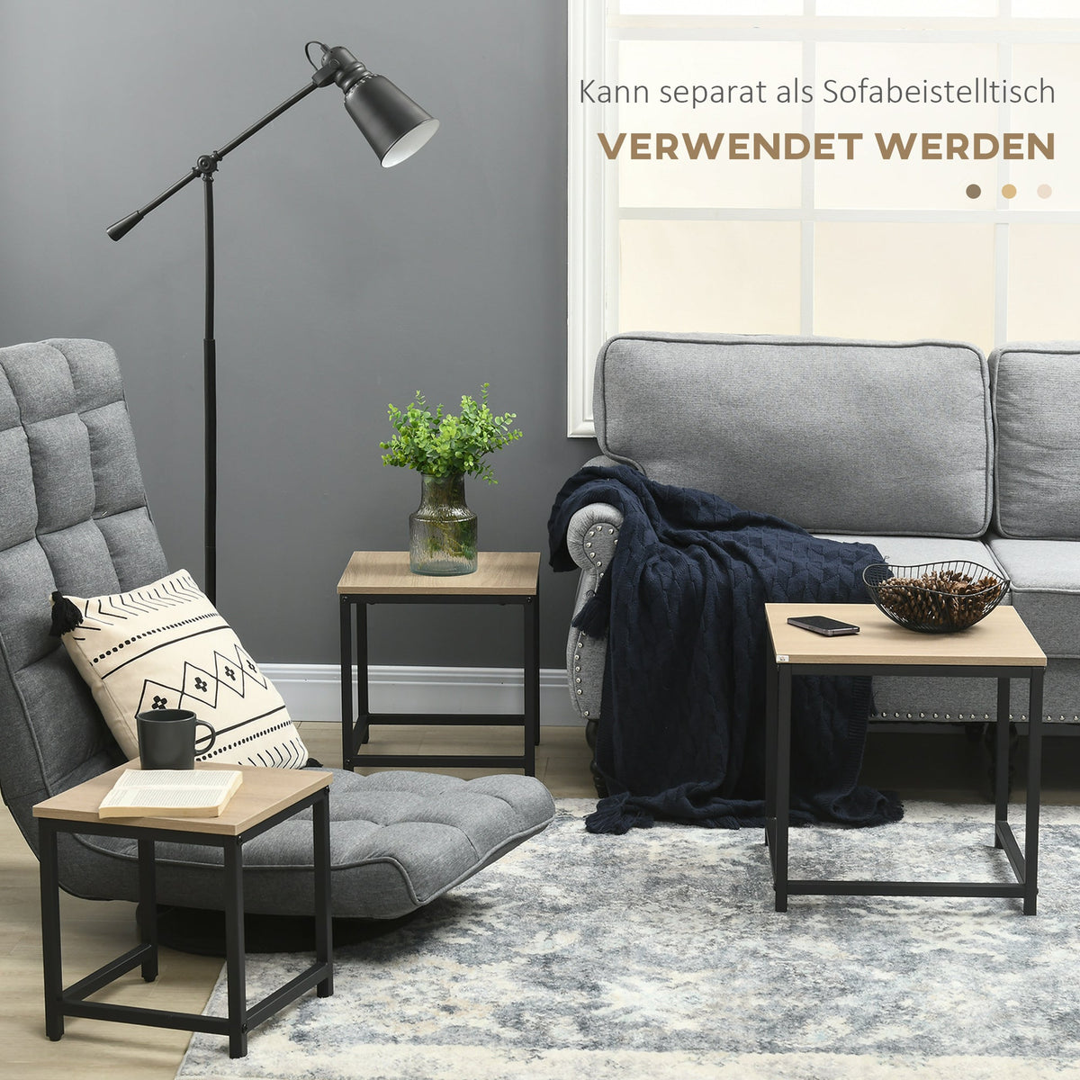 Set of 3 Coffee Tables Nesting Steel Frame Wood Look, Natural
