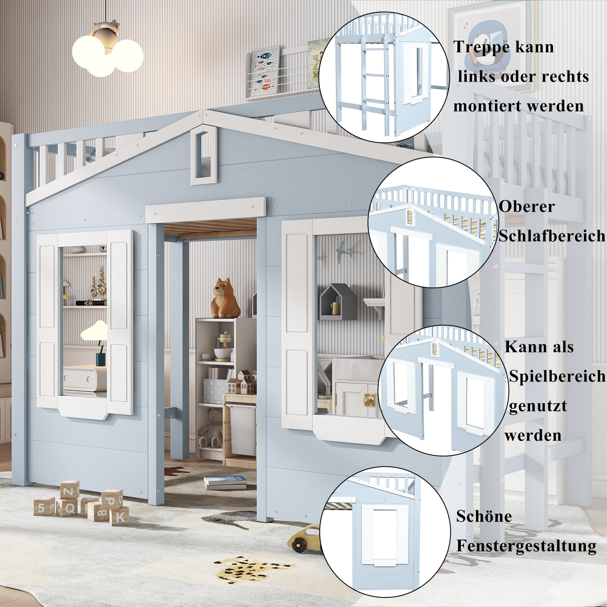 Loft Bed, Flexible Design with Window & Ladder, Pine + MDF + Plywood, Blue
