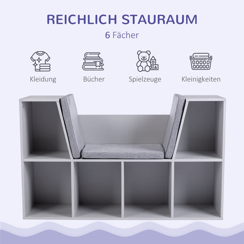 Children's Shelf Bookcase, Stool Bench 6 Compartments Toy Box, Grey