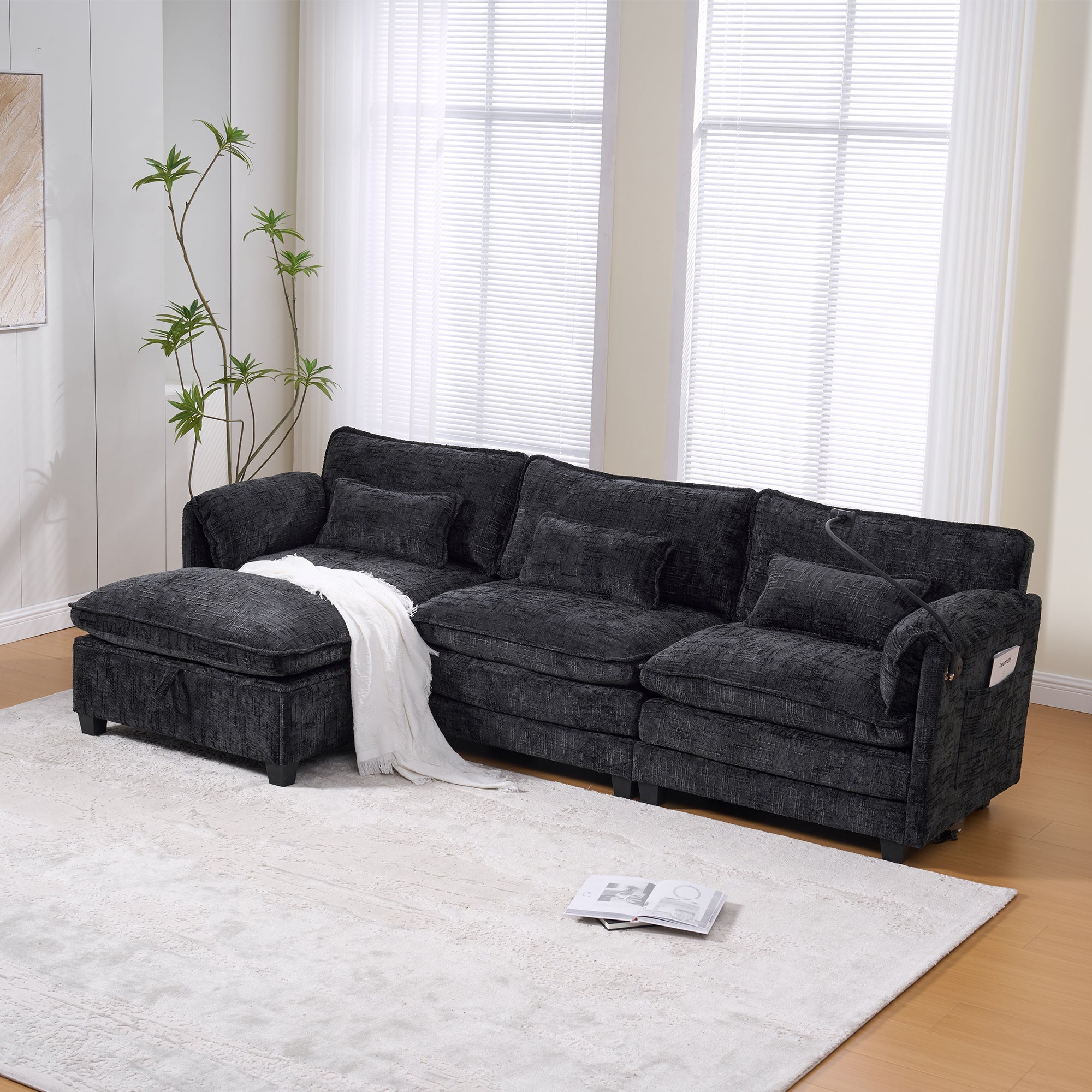 2-Seater Sofa USB Port Modular Footstool - Chenille Black