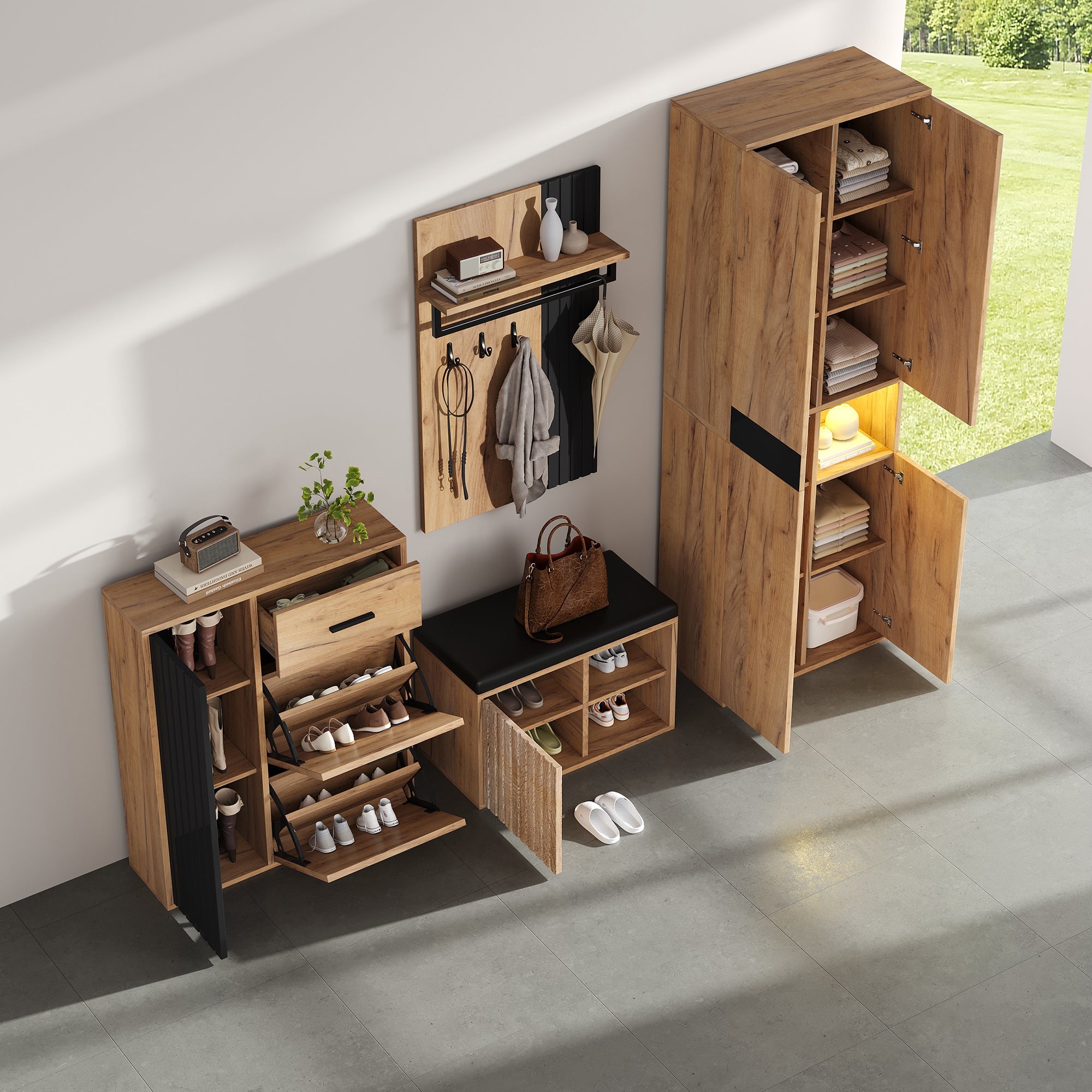Wardrobe Set 4-Piece Wall-Mounted Coat Rack Shoe Cabinet Shoe Bench, Natural Wood/Black