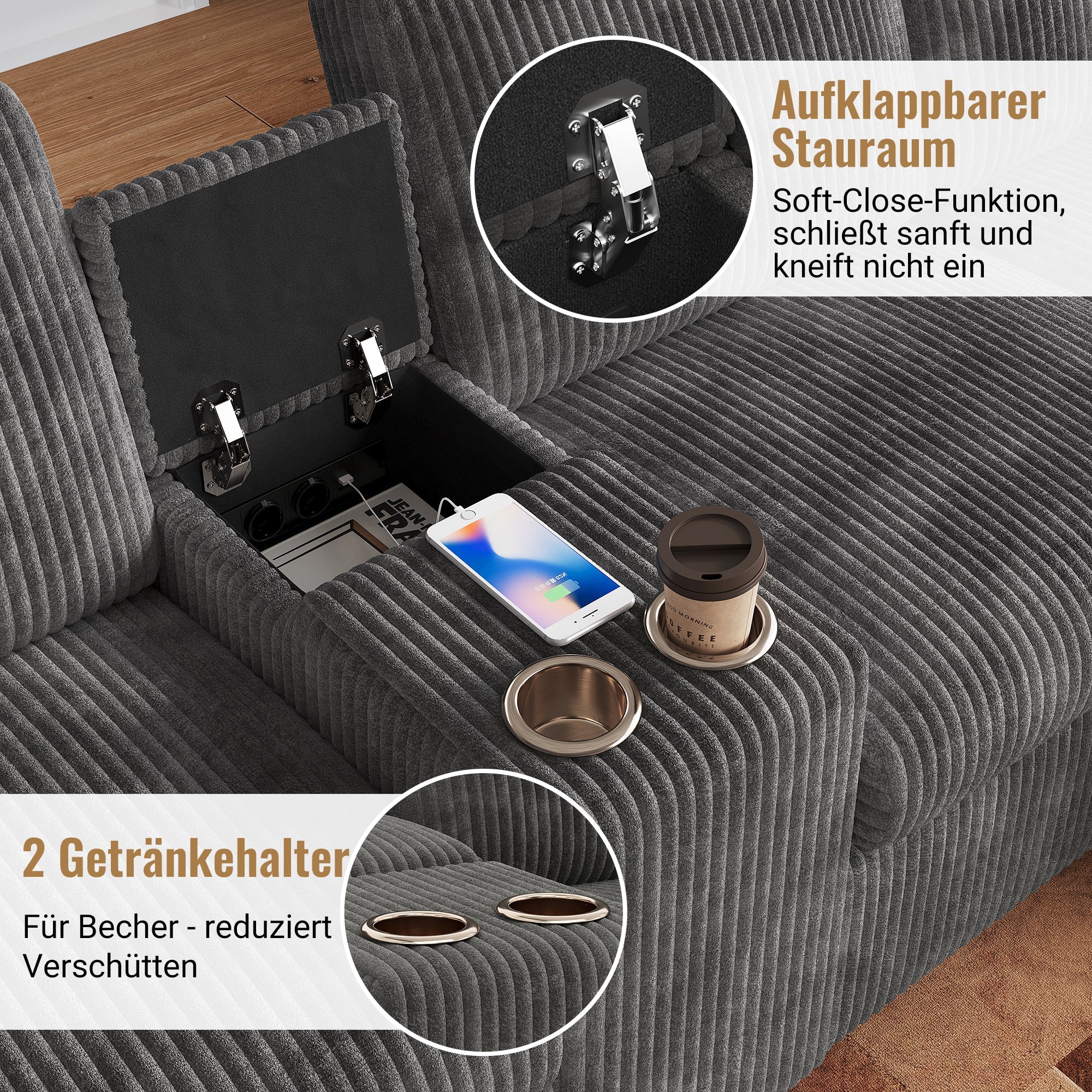 U-shaped Sofa with Storage Footstools Coffee Table USB Power Corduroy Grey