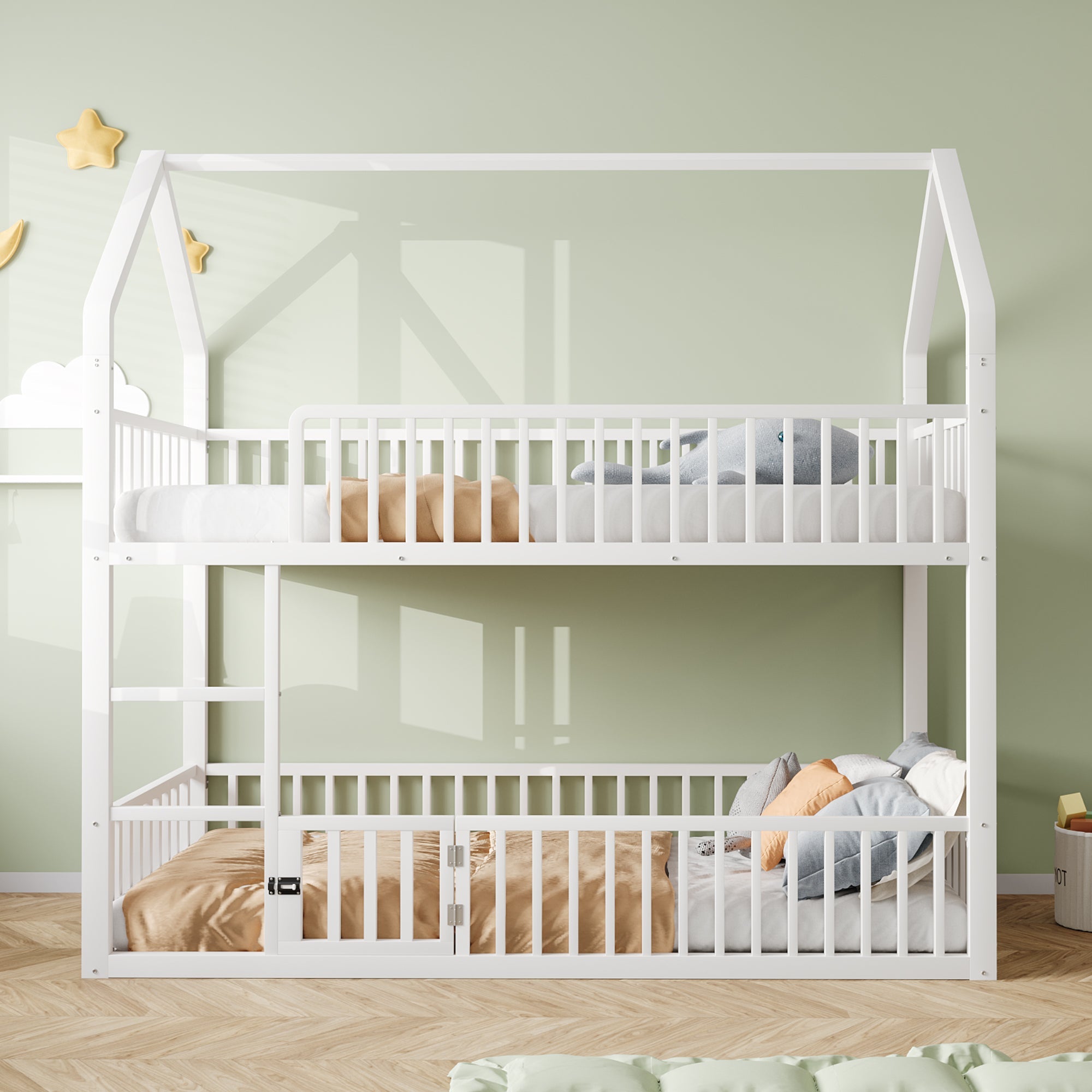 Children's Bunk Bed 90*200, Loft Design with Stairs, White Metal