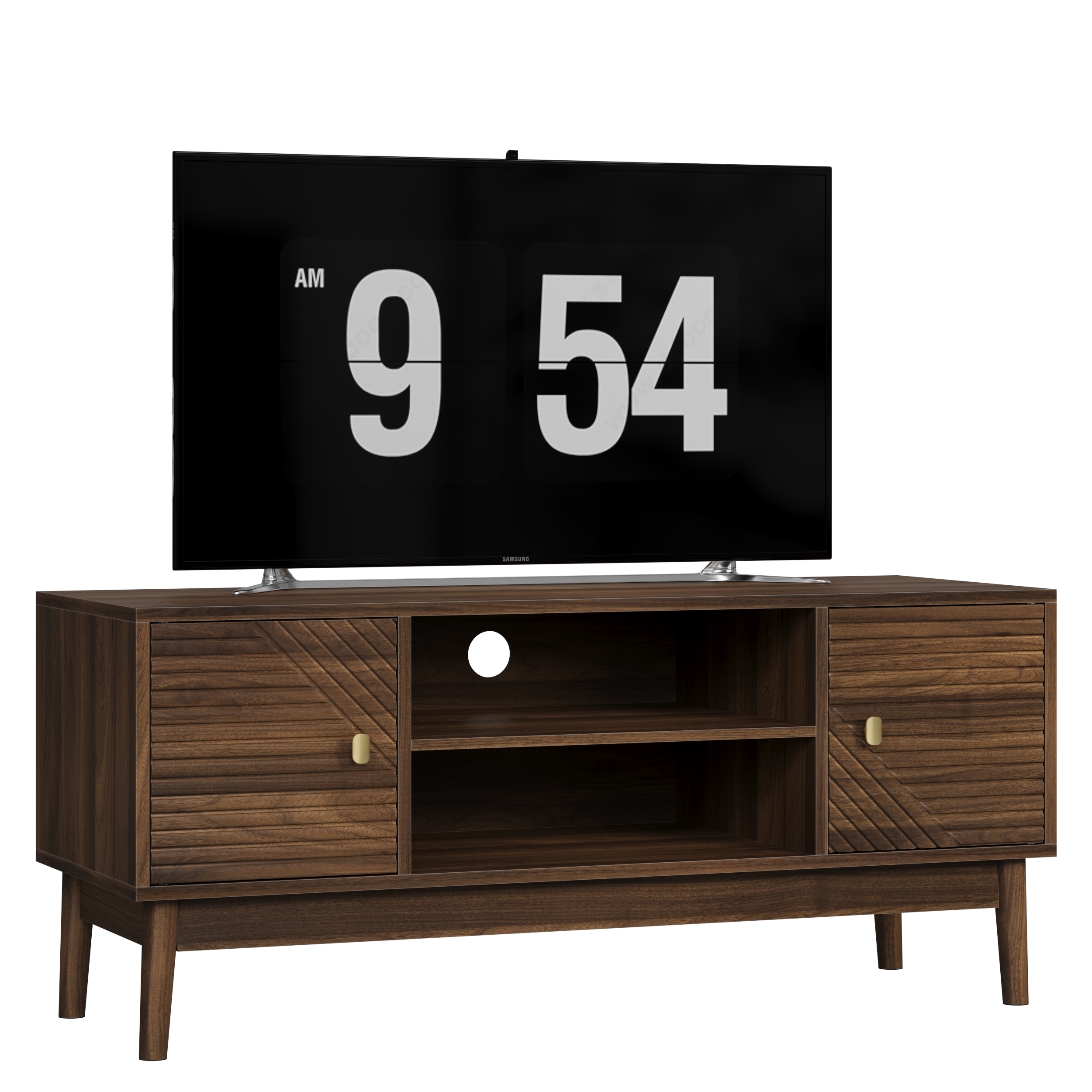 TV Stand, 110cm Mid-Century Modern with Storage Space, Walnut