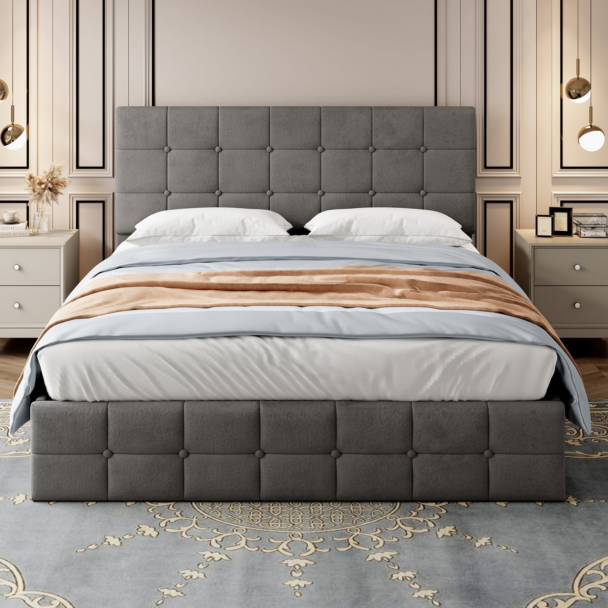 4ft6 Double Upholstered Storage Bed Frame, Velvet Ottoman Bed with Hydraulic Storage, Adjustable Button Tufted Headboard, Grey