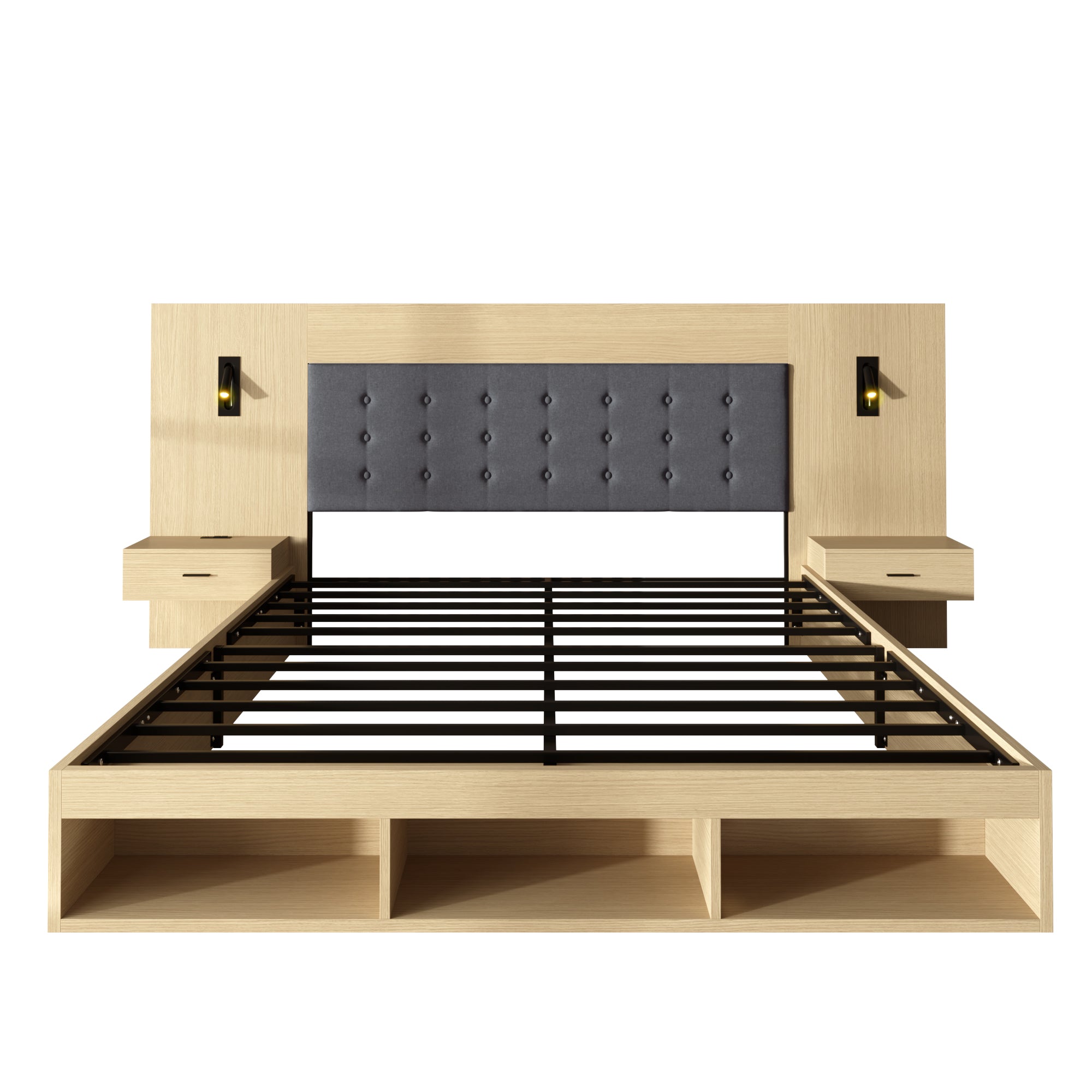 Double Bed with Storage, USB Charging Station, Reading Lamp and 2 Bedside Tables, 160x200cm, Light Oak Wood