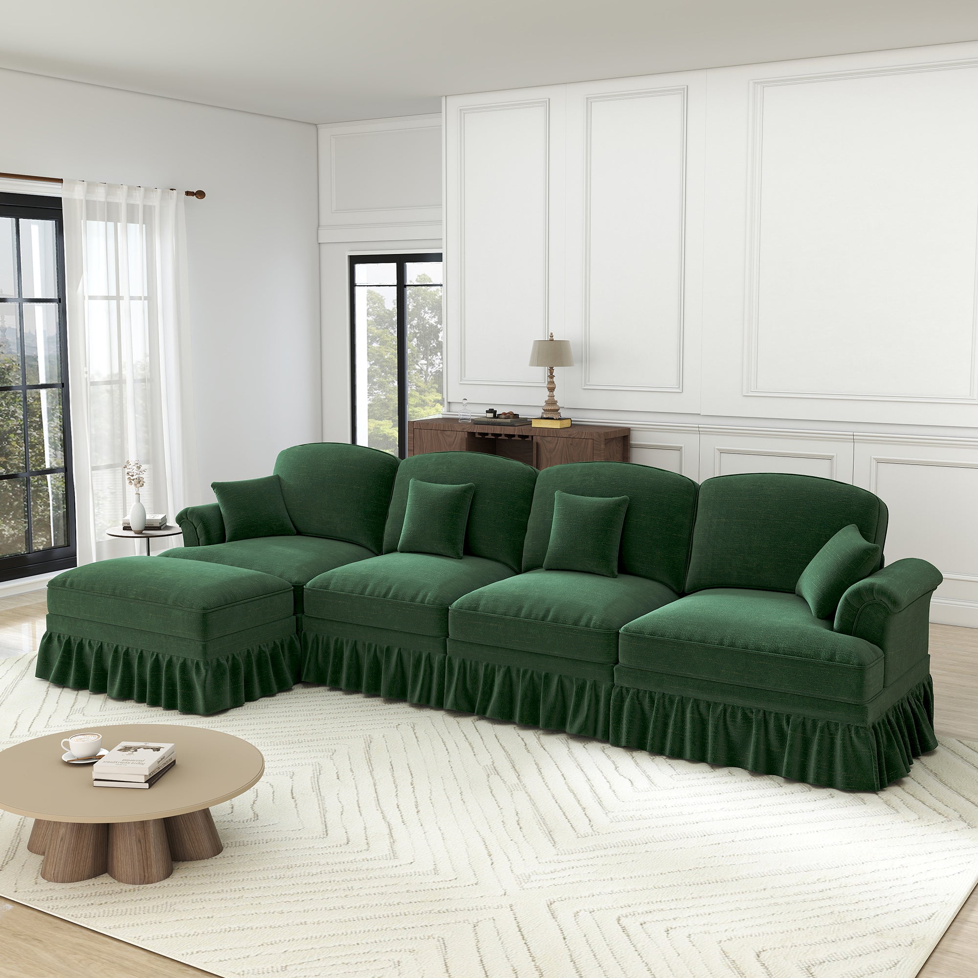 Classic Modular L-Shaped 4-Seater Sofa w/ Movable Ottoman Deep Seat, Chenille Green