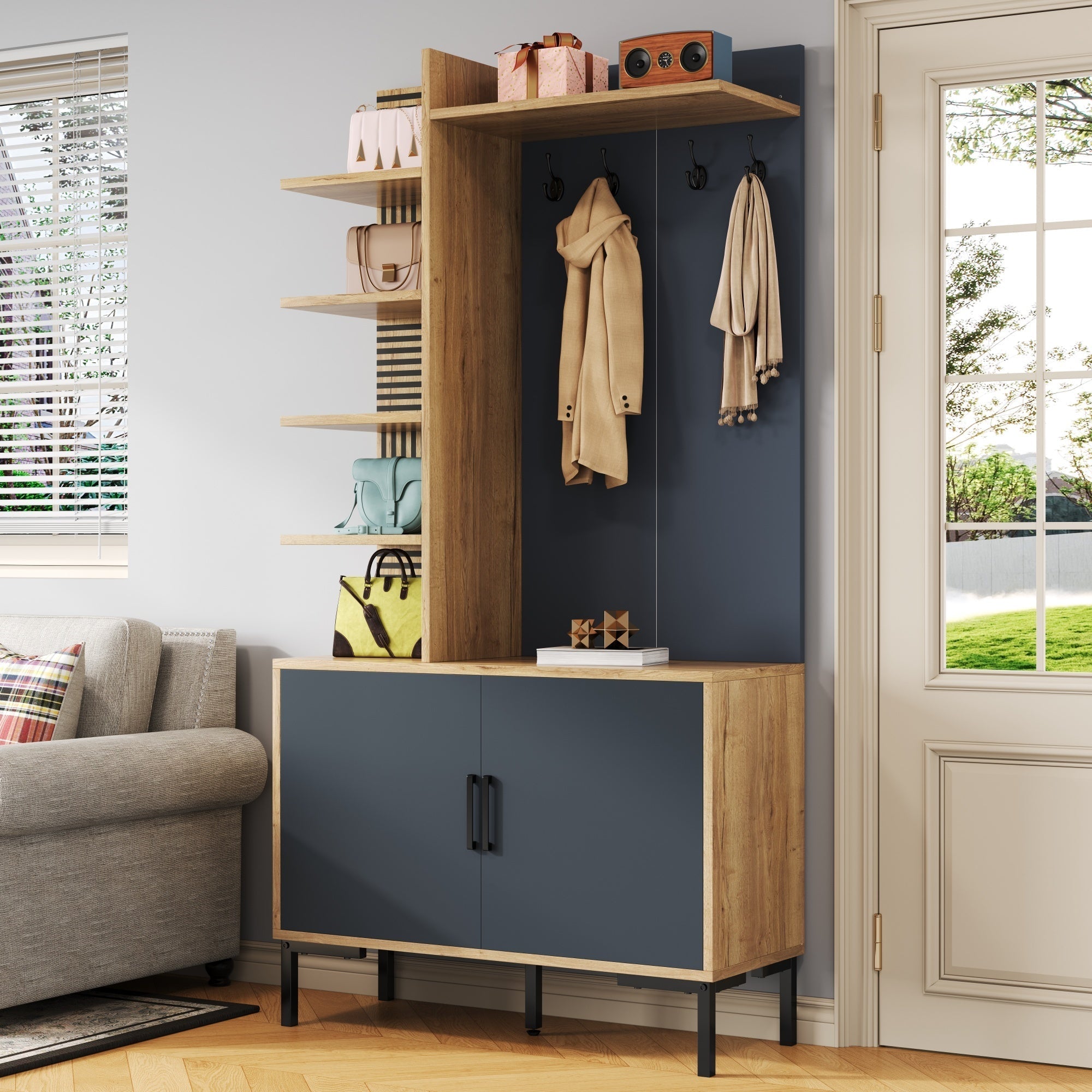 Wardrobe Set with Shoe Compartment, Shelves, Adjustable Dividers, Hooks - Wood and Black