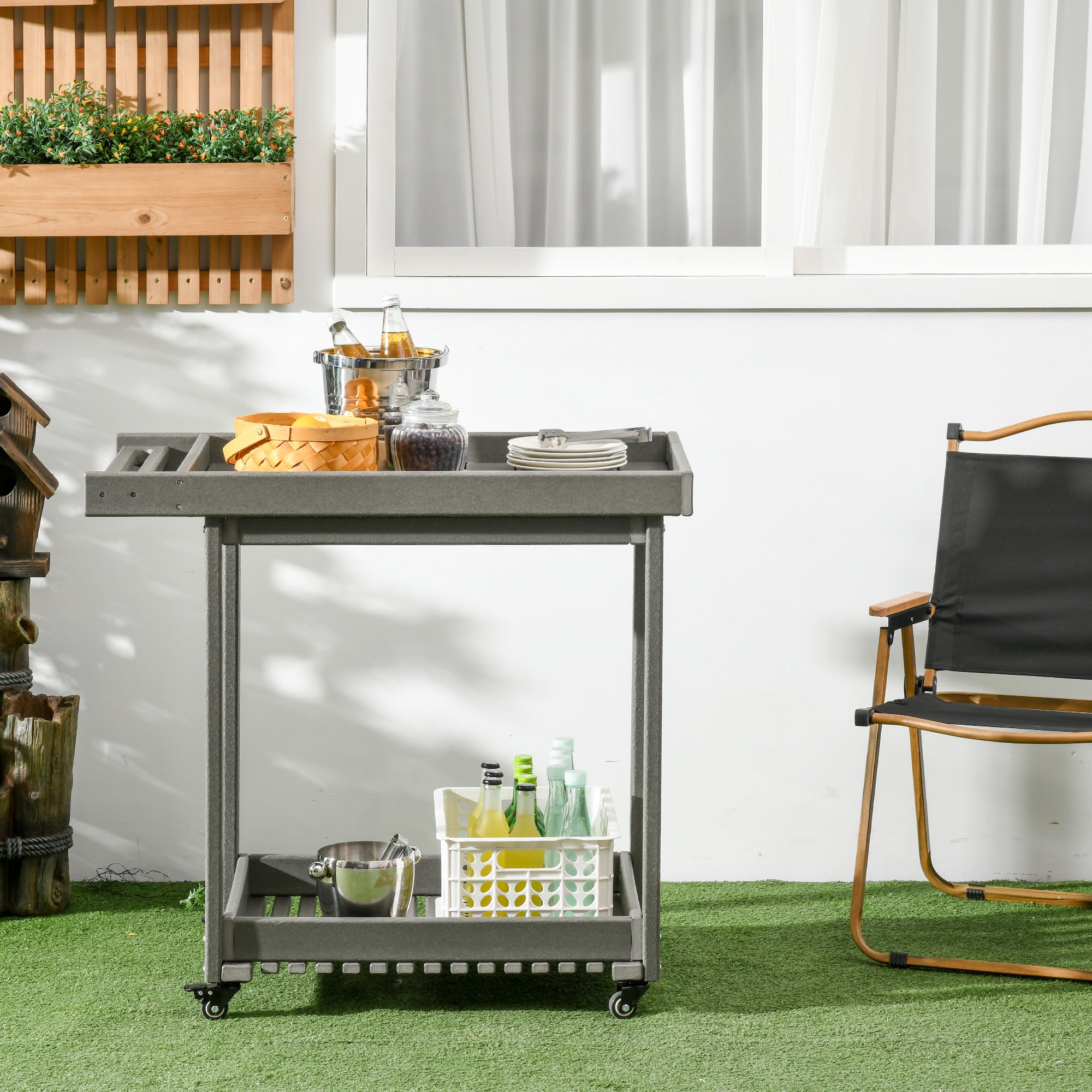 Serving Cart Barbecue Trolley, Towel Holder 2 Shelves 87x50x80cm Outdoor Multifunctional Table