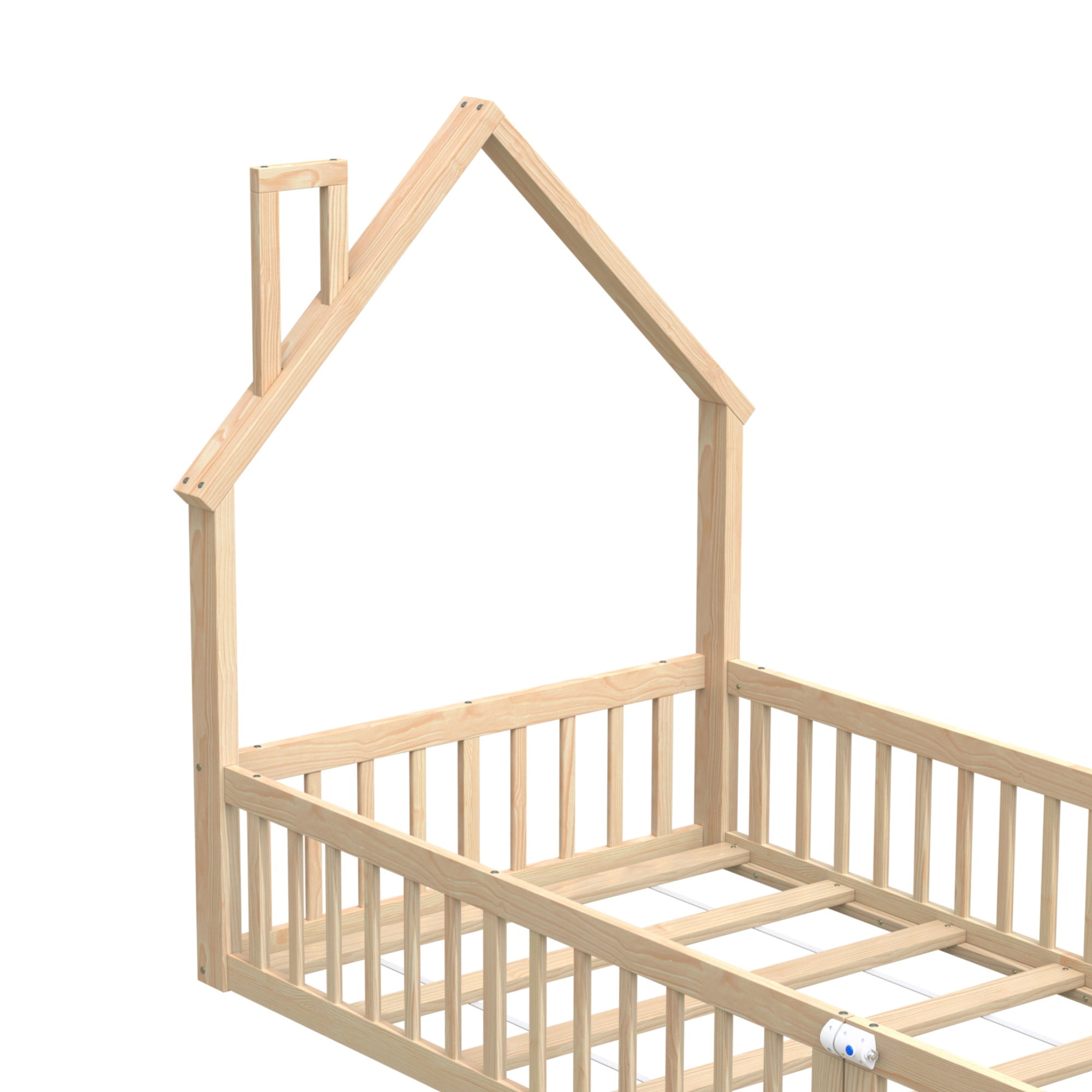 House Bed with Chimney Shape and Slatted Base, 90x200cm, Natural Pine Wood