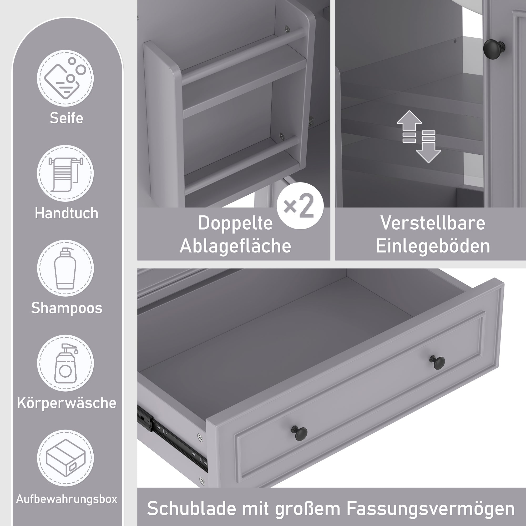 Floor-standing Bathroom Cabinet with Integrated Ceramic Washbasin and Solid Wood Legs, Grey