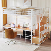 Metal Loft Bunk Bed with Desk LED Storage 140x200/90x200 White