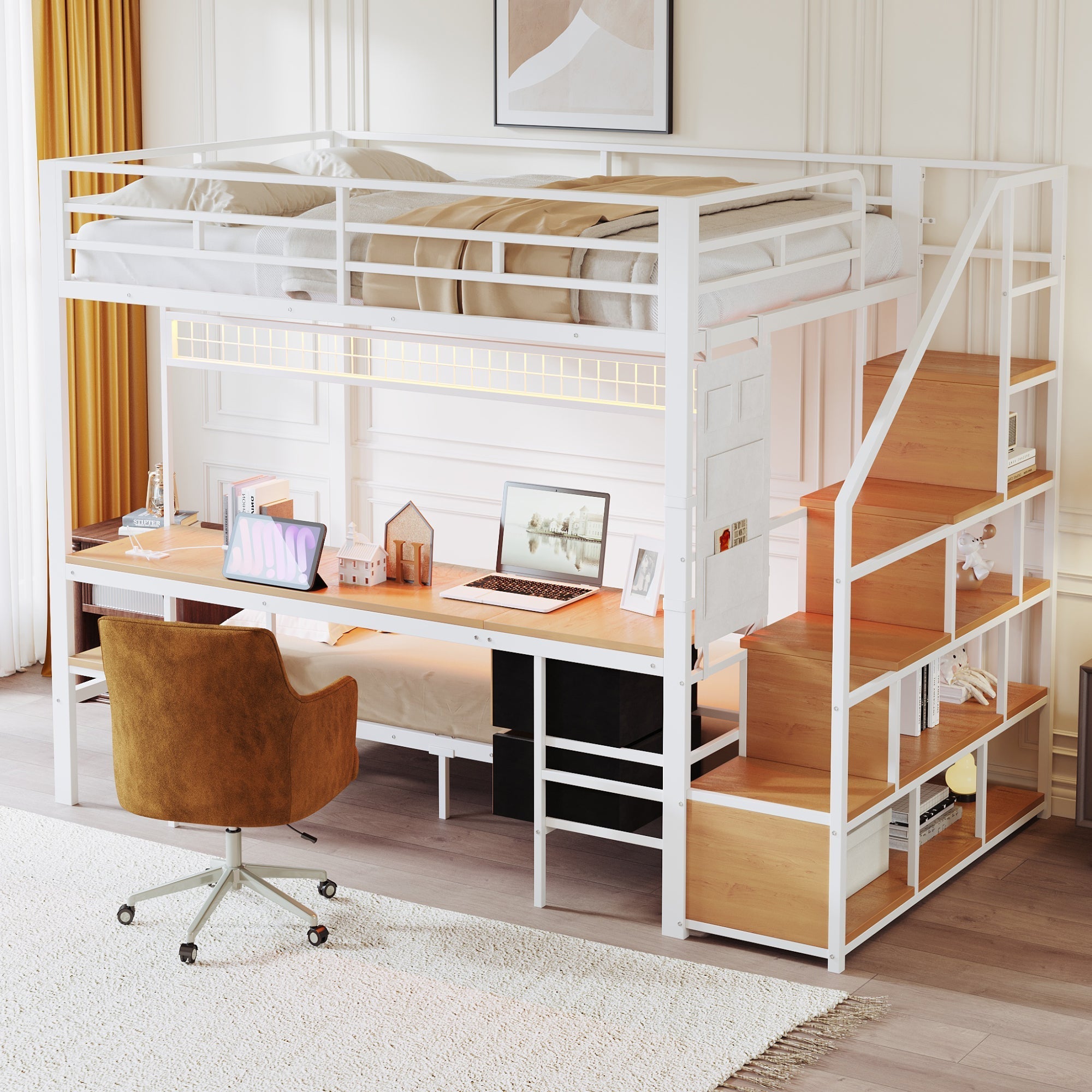 Metal Loft Bunk Bed with Desk LED Storage 140x200/90x200 White