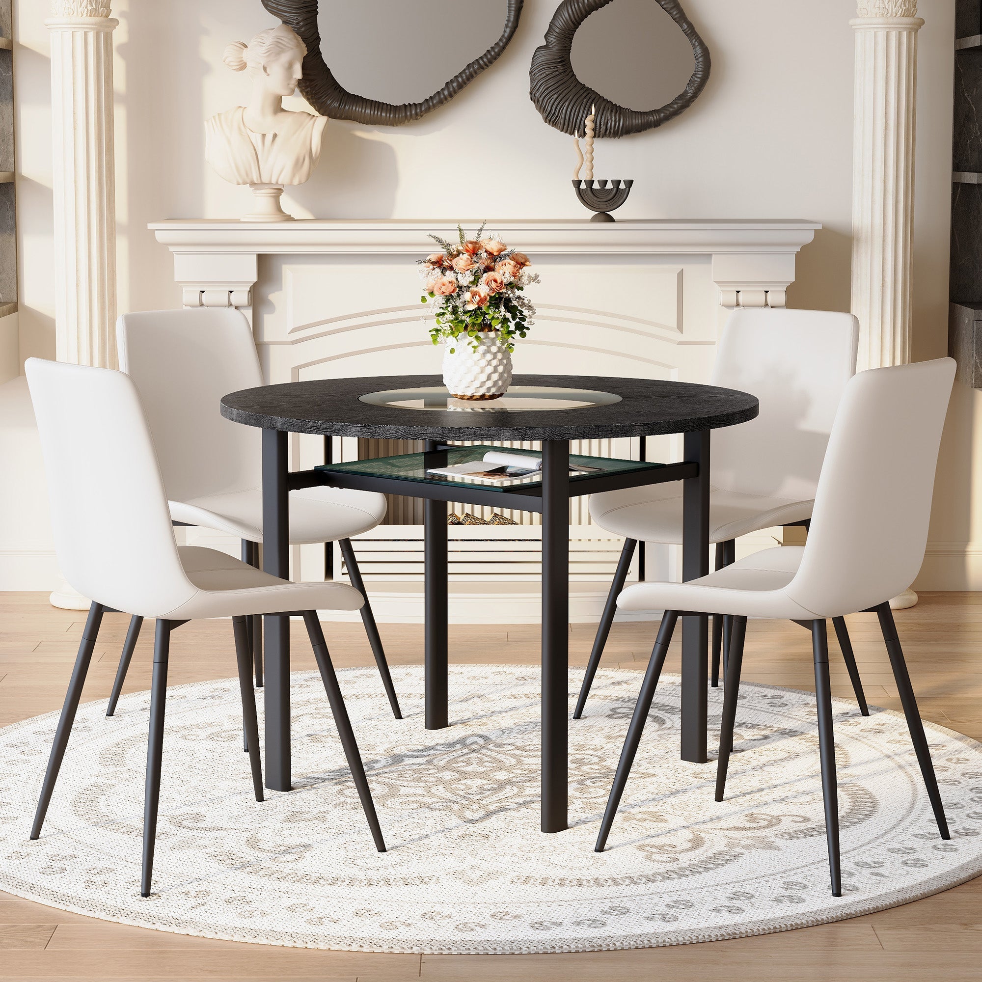 Round Dining Table Set Minimalist 100cm with 4 PU Chairs - Black Wood Look/White