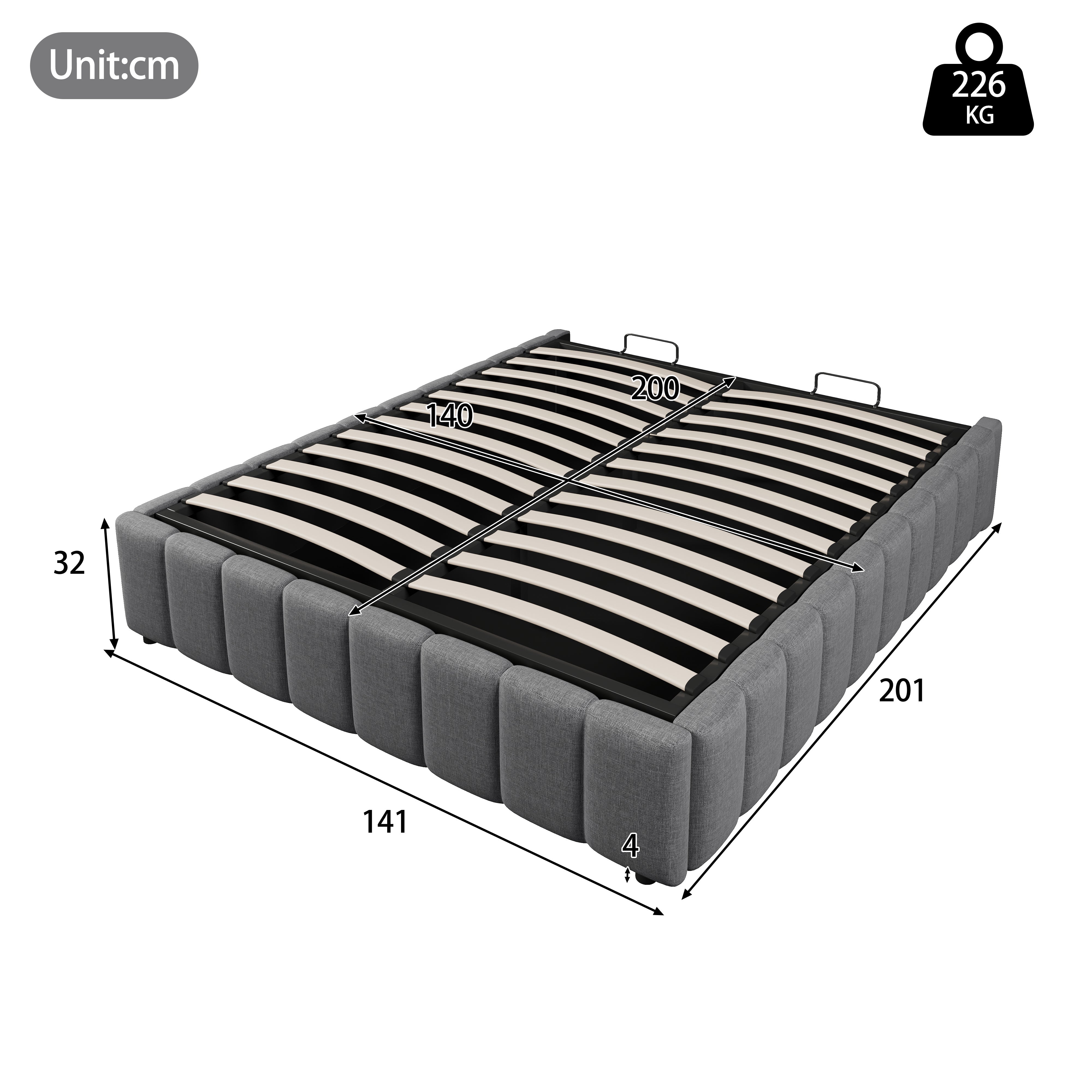 Upholstered Bed with Hydraulic Storage and No Headboard, 140x200cm, Grey Linen
