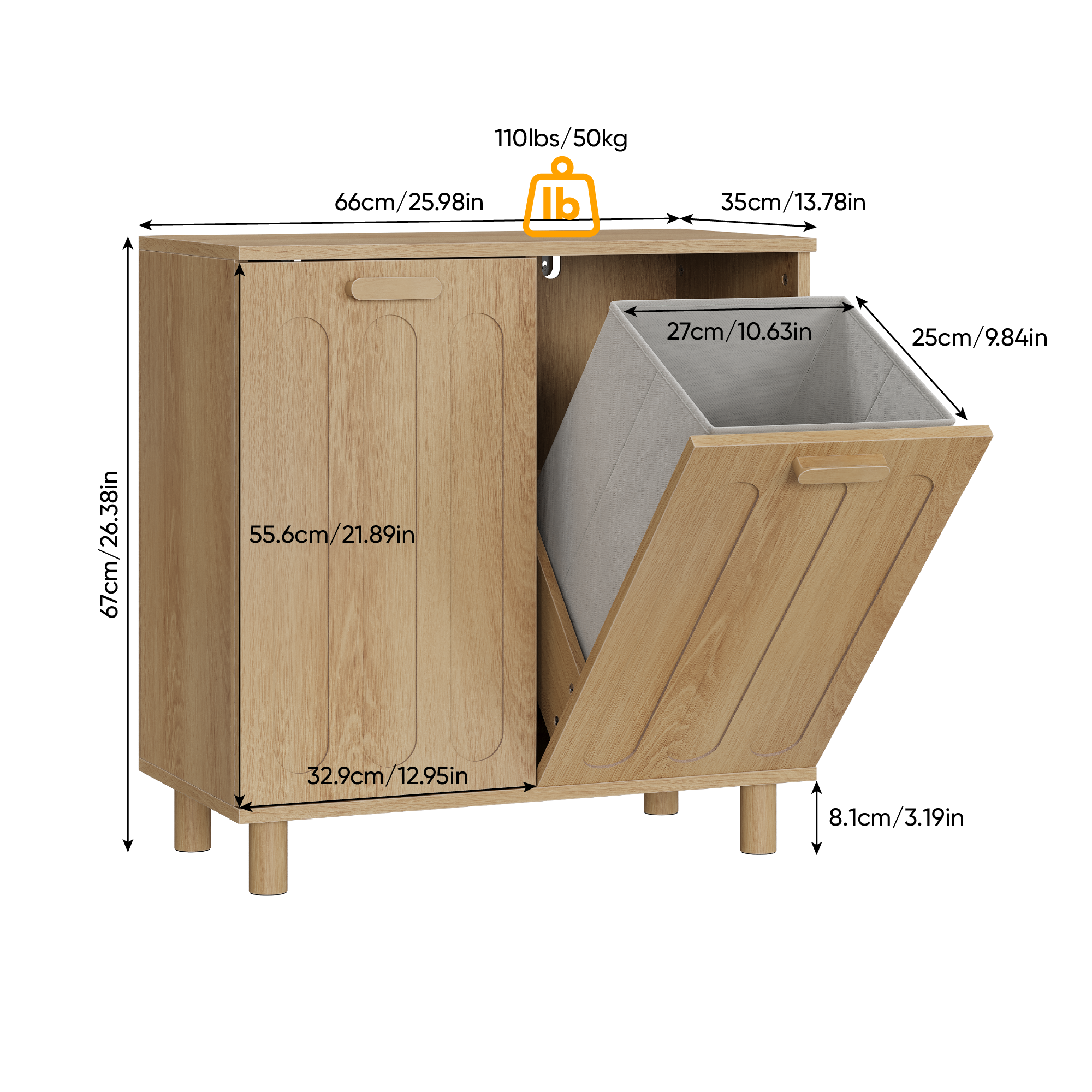 Tilting Laundry Basket with Removable Hamper and Freestanding Storage Shelf, Oak Color
