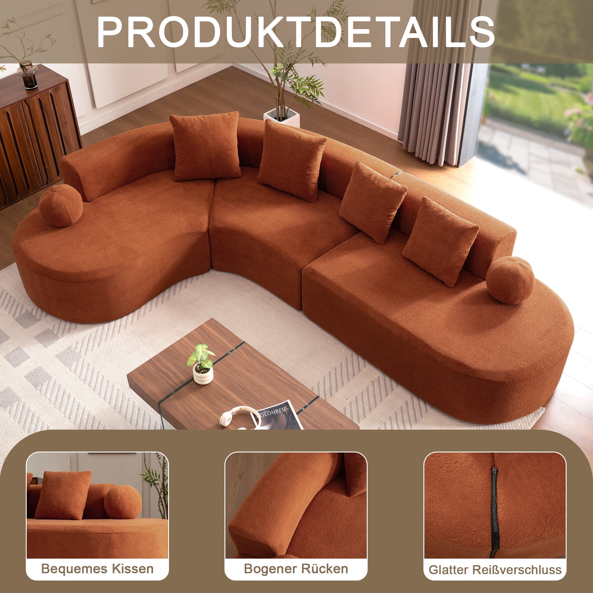 L-Shaped Sectional Cloud Sofa with Arched Design and Thick Padding, White Fabric