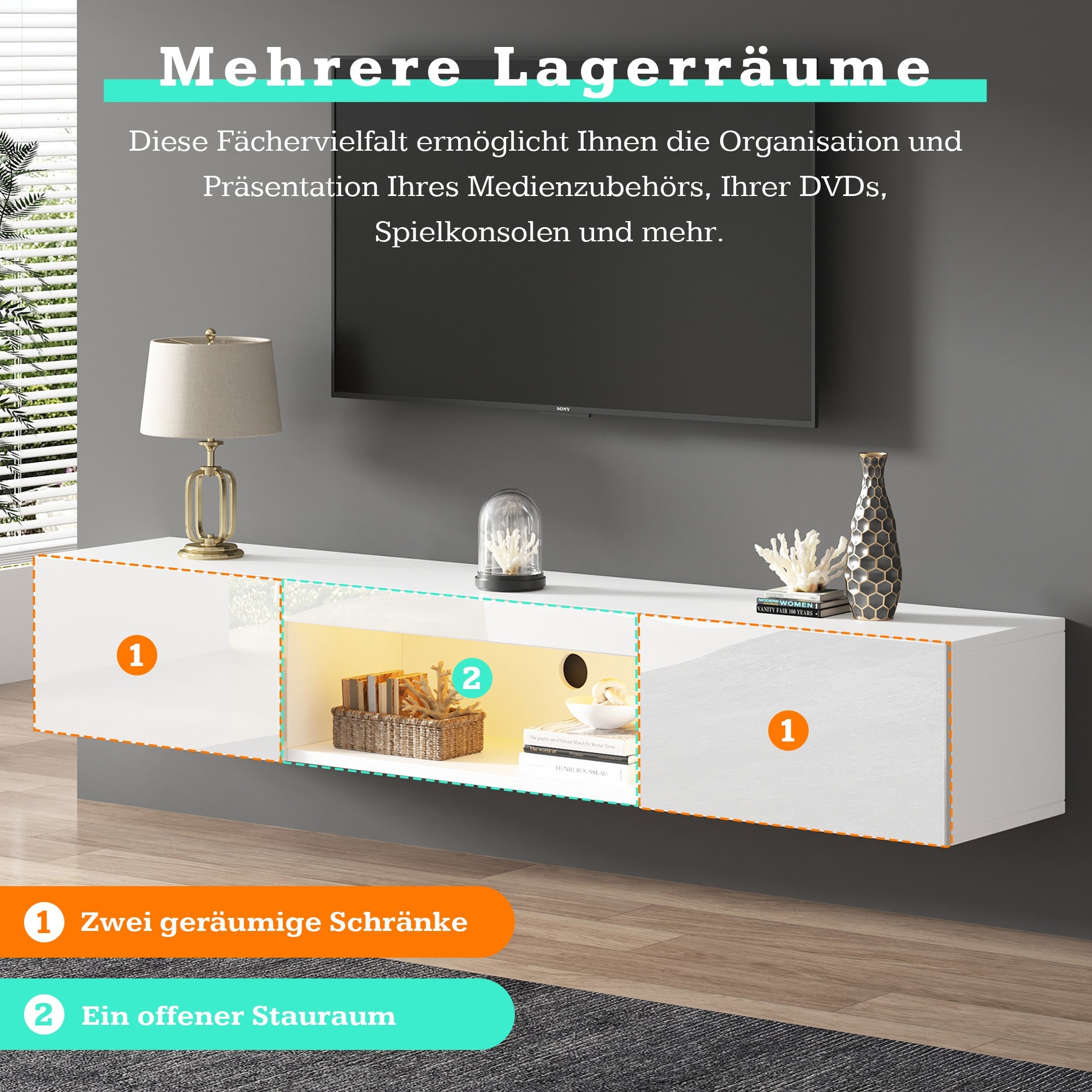 Wall Cabinet, 160x31x22cm for 70-inch TV, 30kg load, LED lighting, Bluetooth APP, high-gloss white