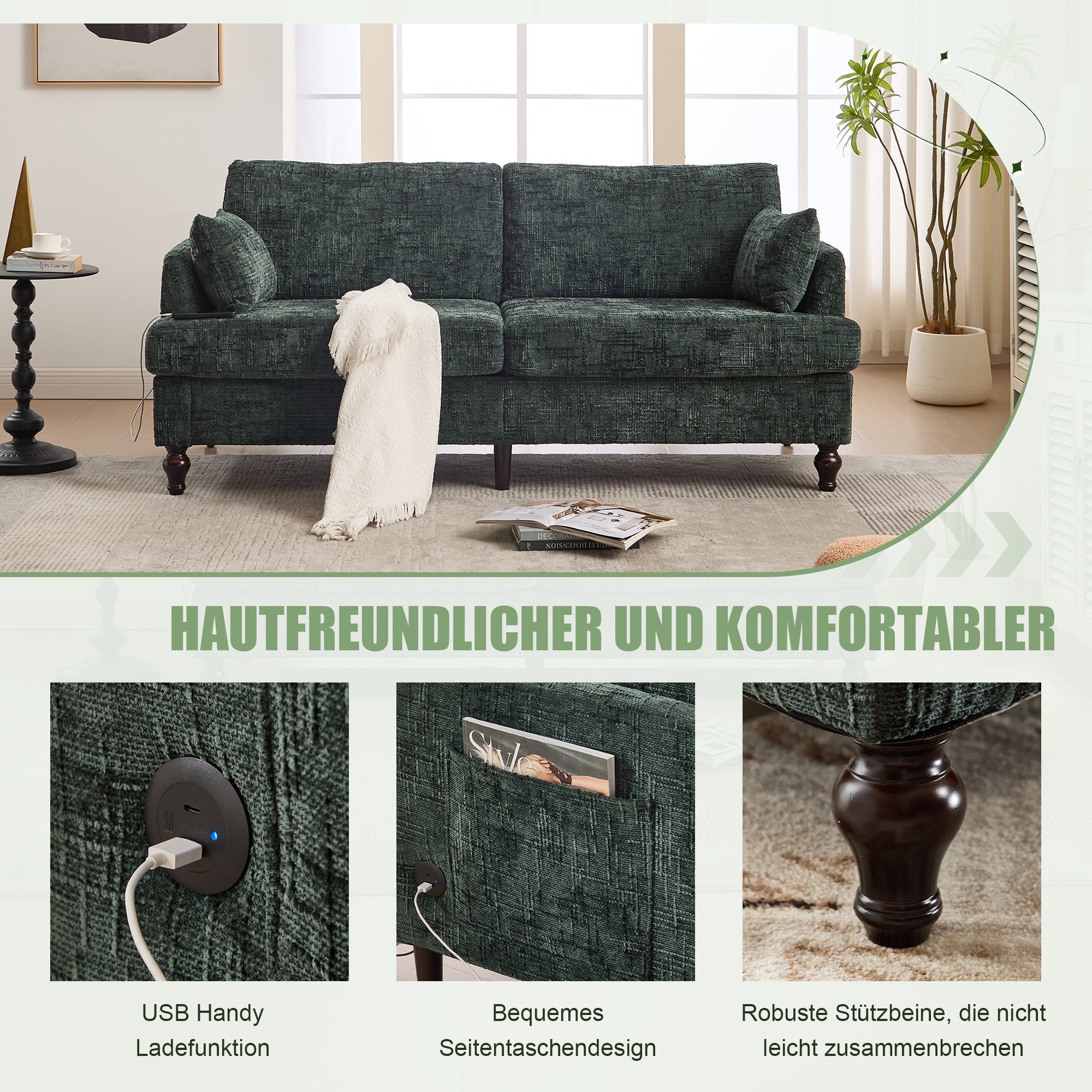 Sofa, Modern 2-Seater with LED Light, USB Port, Storage Bag, Chenille