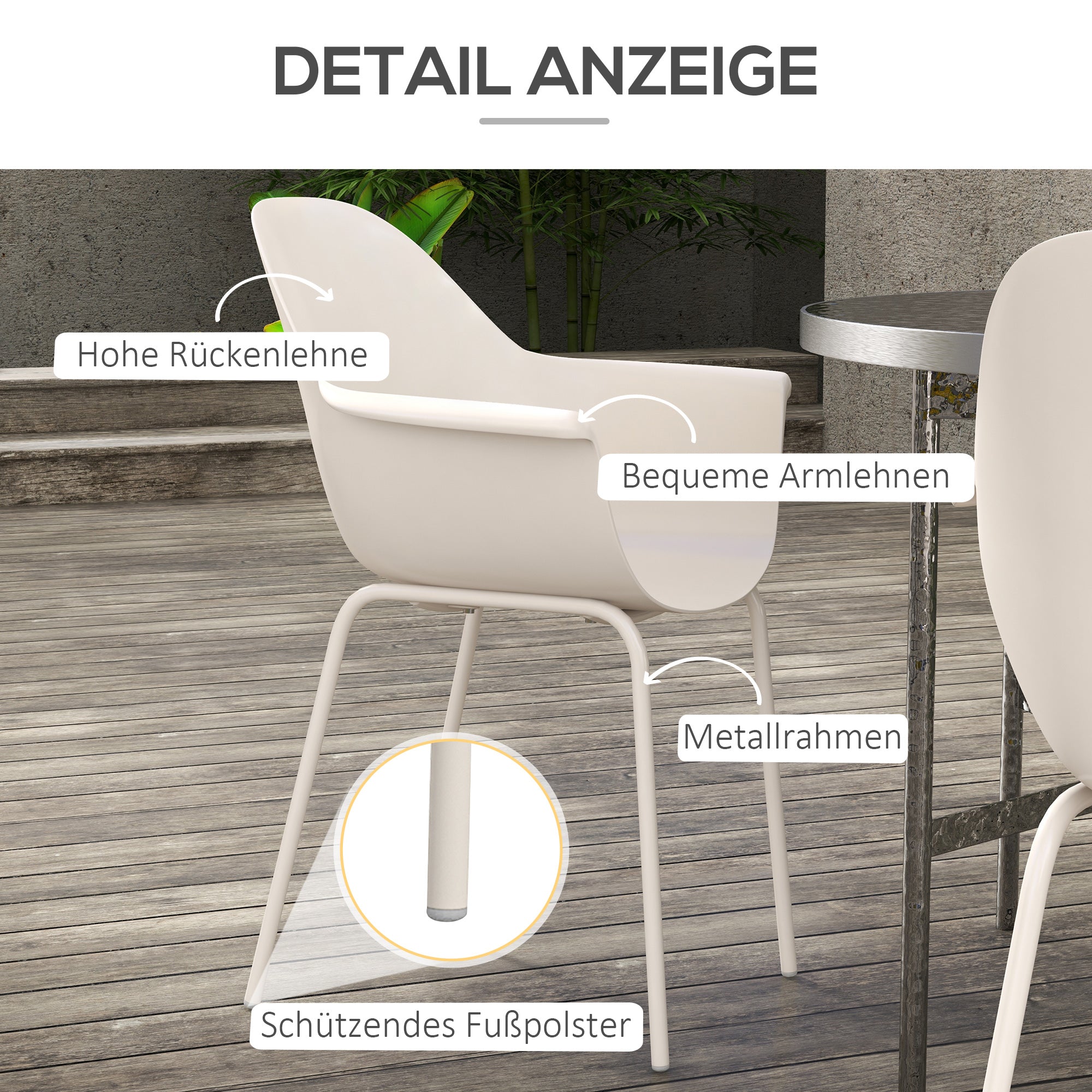 Garden Chair Set of 4 Stackable with Armrests, 120 kg capacity, Grey