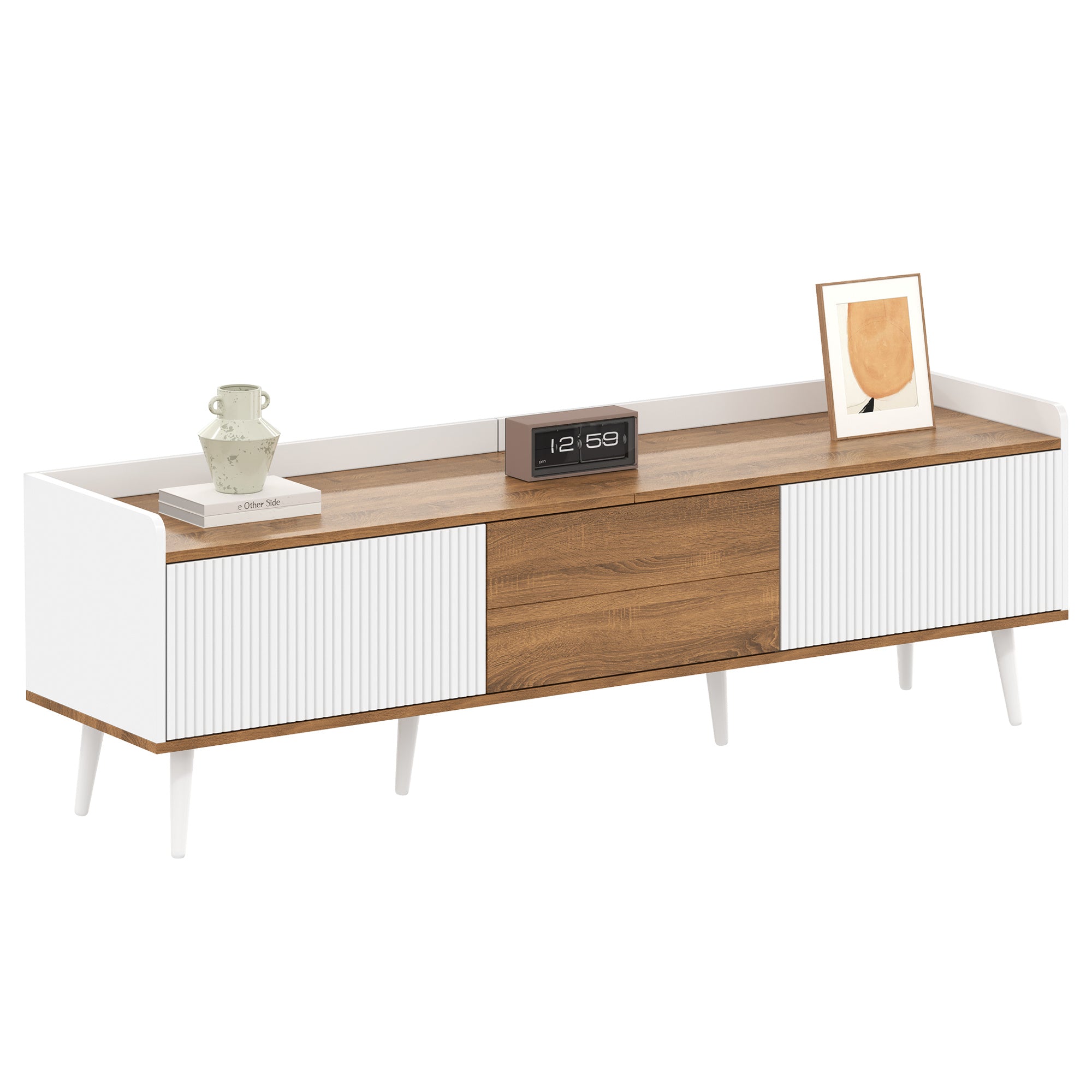 TV Cabinet, 3-Door Base, Compact Design, White and Natural Wood